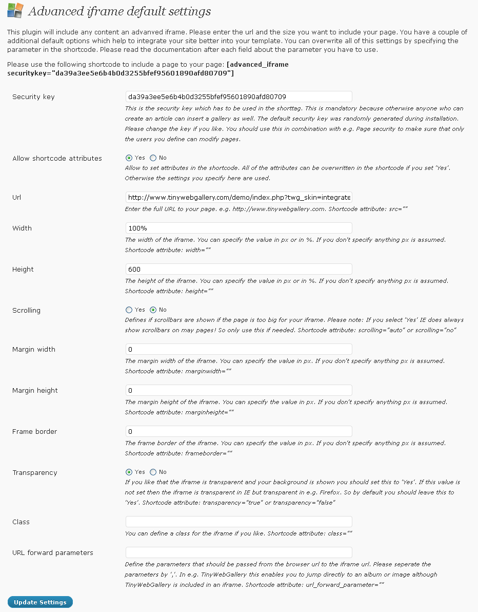 The basic admin screen to enable standard settings