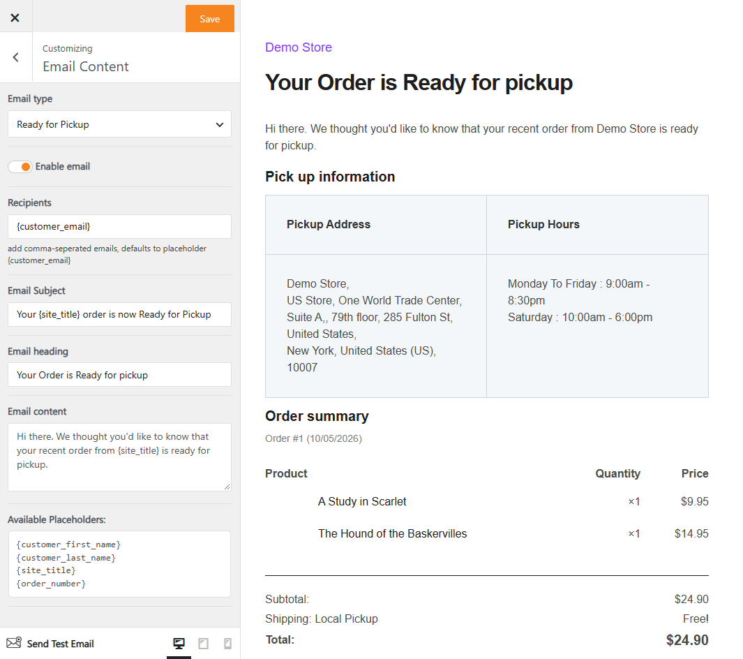 The Ready for Pickup email your customer receives — pickup address, opening hours and order details, with the subject, heading and content all editable in the live preview customizer.