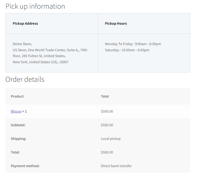 In-store pickup instructions on the order received page, shown the moment a customer finishes checkout so they know exactly where and when to collect.
