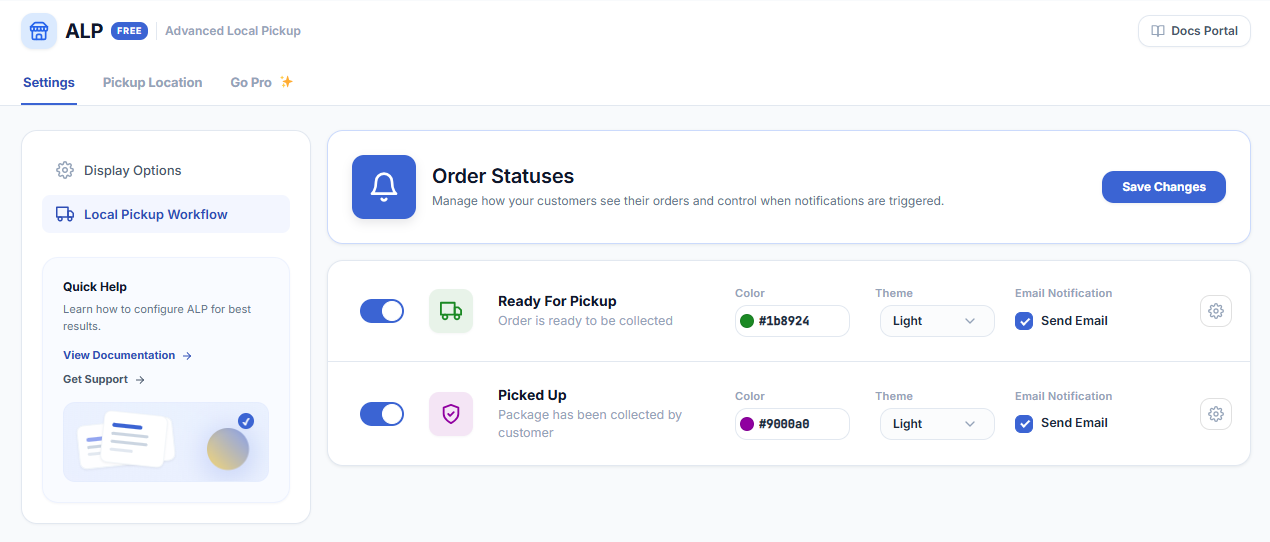 A complete click & collect workflow — the Ready for Pickup and Picked Up order statuses, each with its own colour and its own automatic customer email.