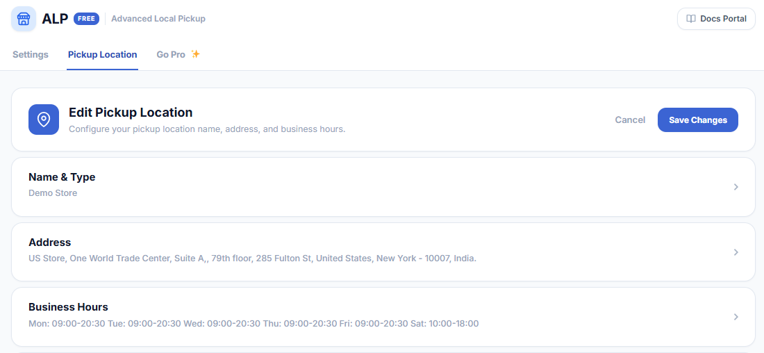 Set your pickup location once: store name, address and business hours appear automatically in every pickup notification and on the customer's order page.