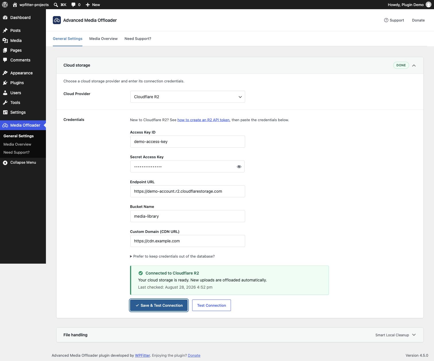 Settings page — connect Amazon S3, Cloudflare R2, or any S3-compatible cloud storage in minutes with Save & Test Connection.