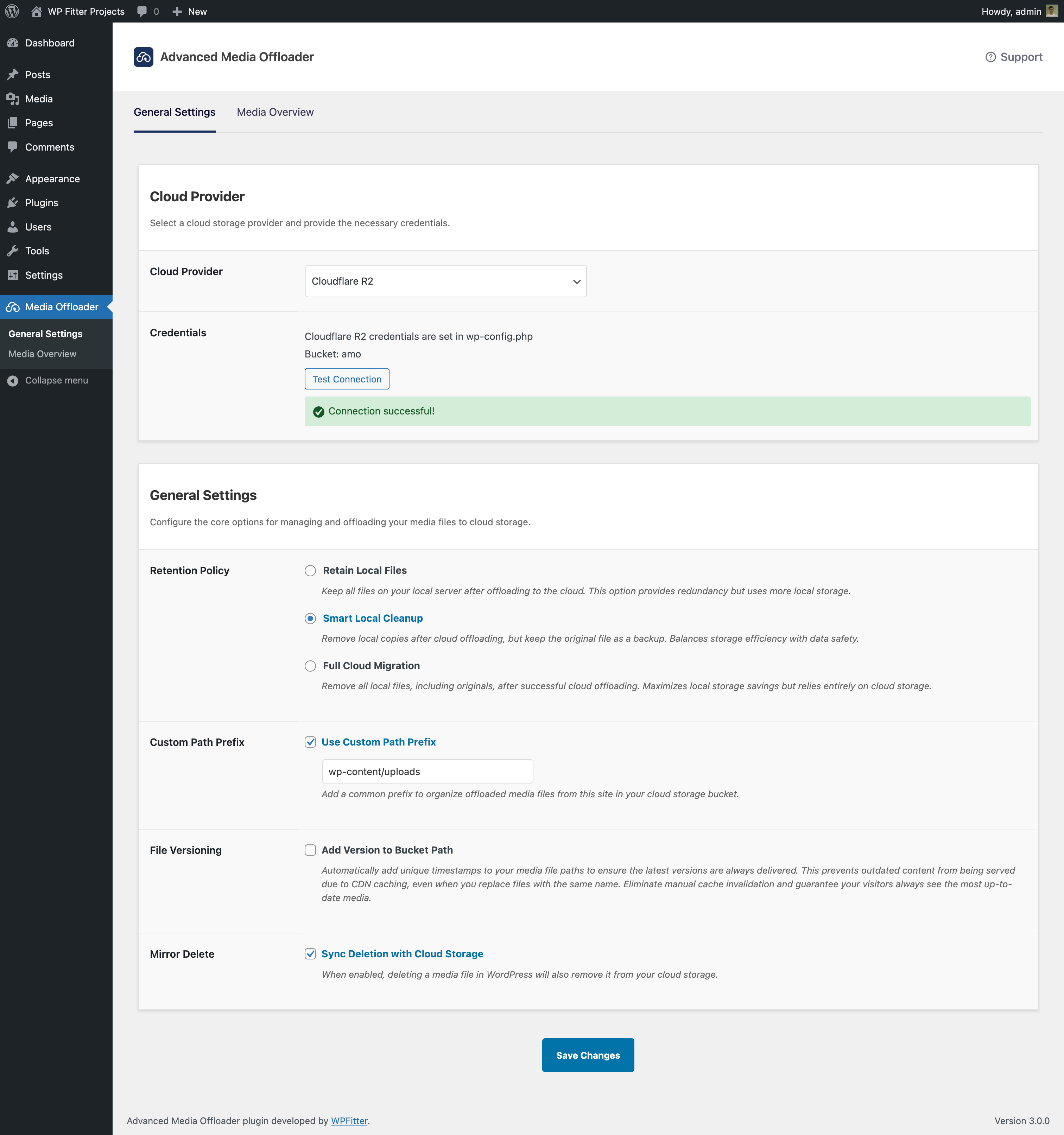 Plugin settings page - Configure your cloud storage settings and offload options.