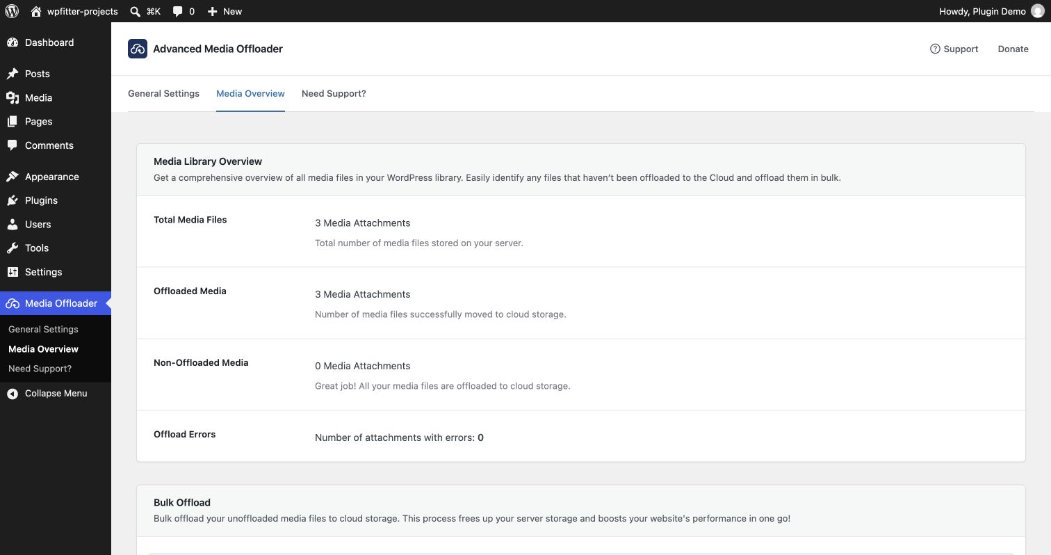 Media Overview — see how much of your Media Library is offloaded and bulk offload existing files to cloud storage.