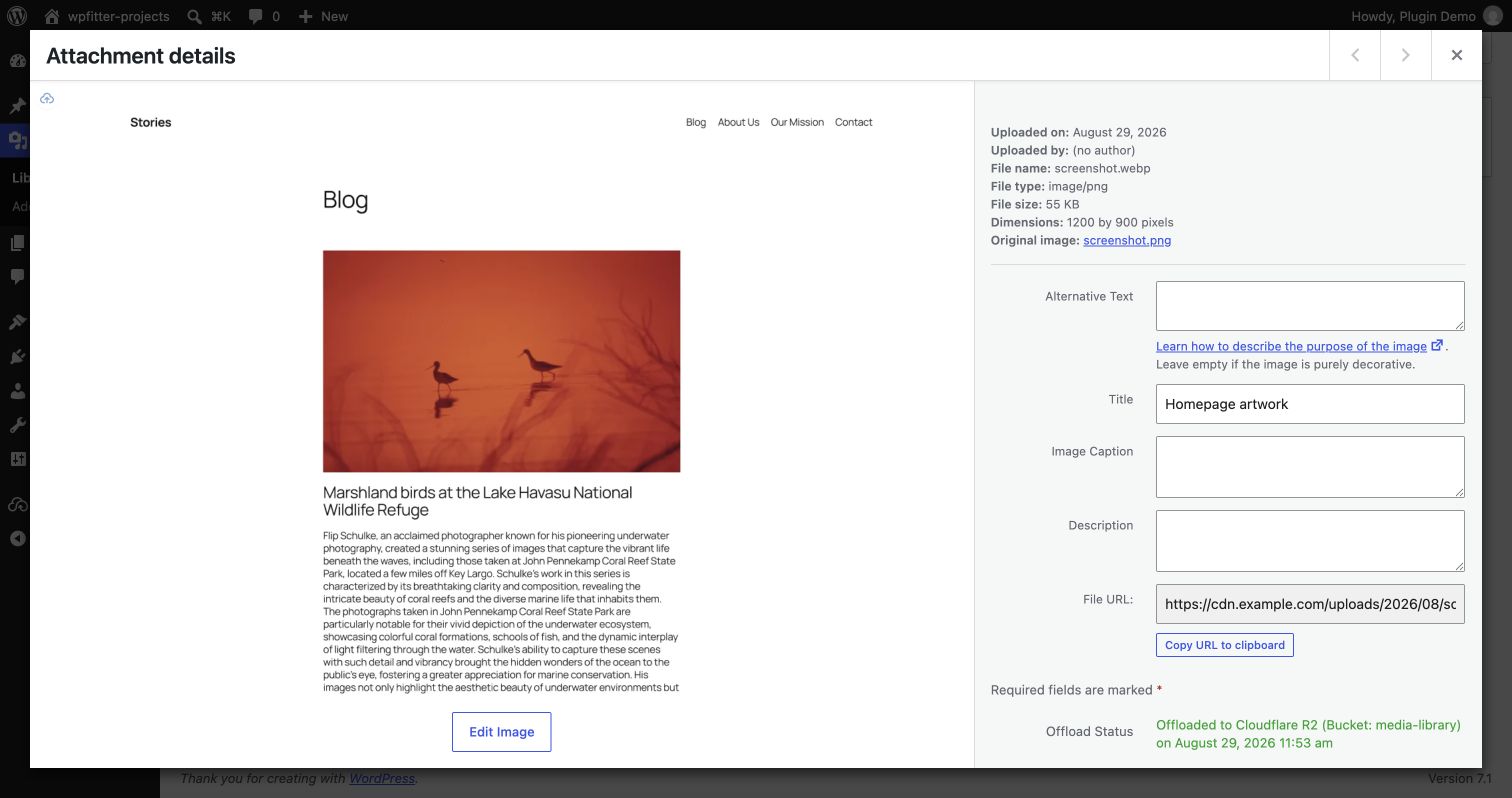 Attachment details — confirm each file's cloud storage status directly in the Media Library.