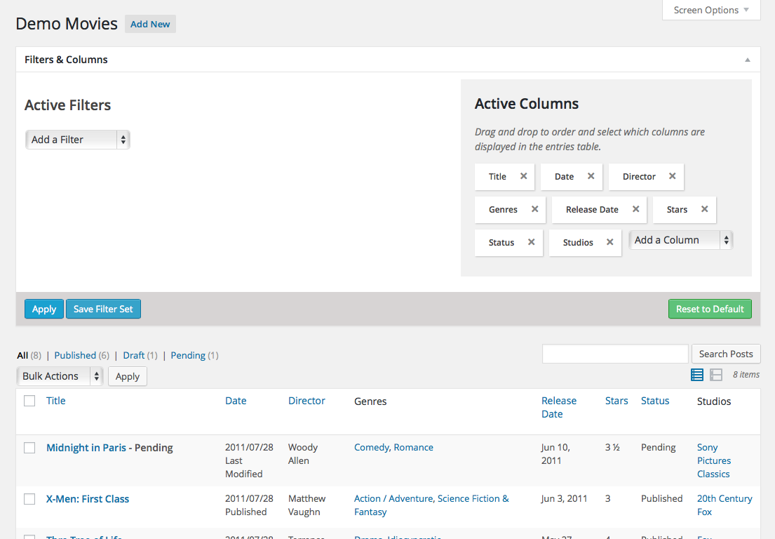 The filters and columns in action