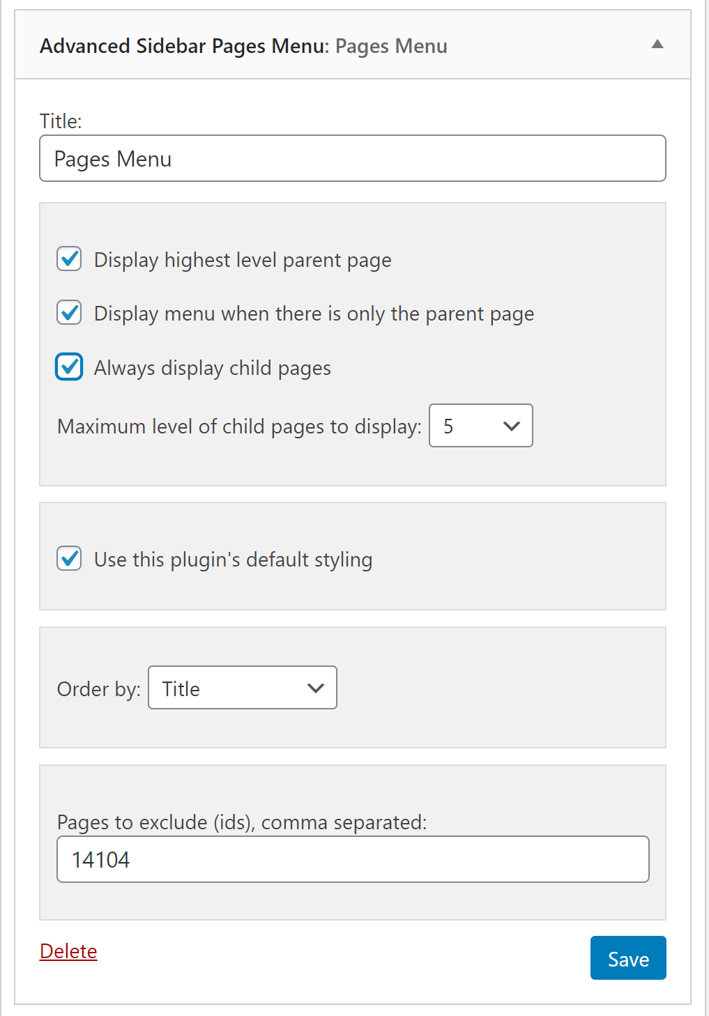 Page widget options.