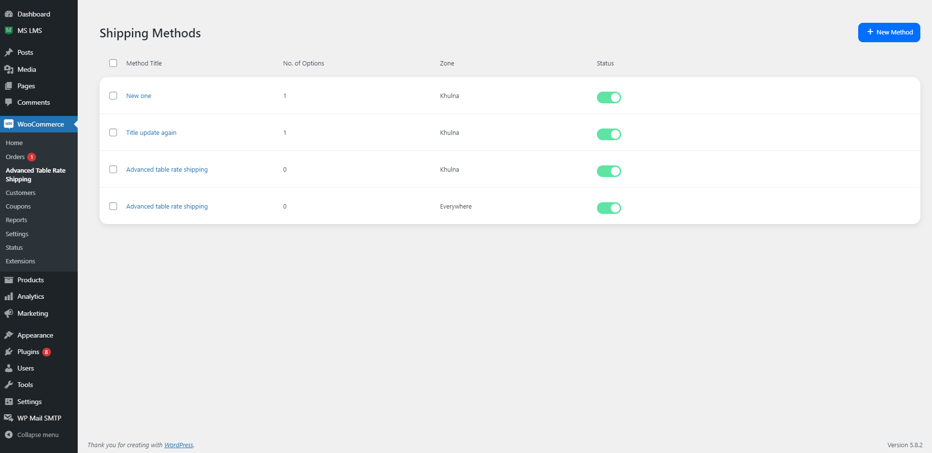 List of all "Aco Table rate Shipping" methods in "Table rate shipping" sub-menu in "WooCommerce" menu.