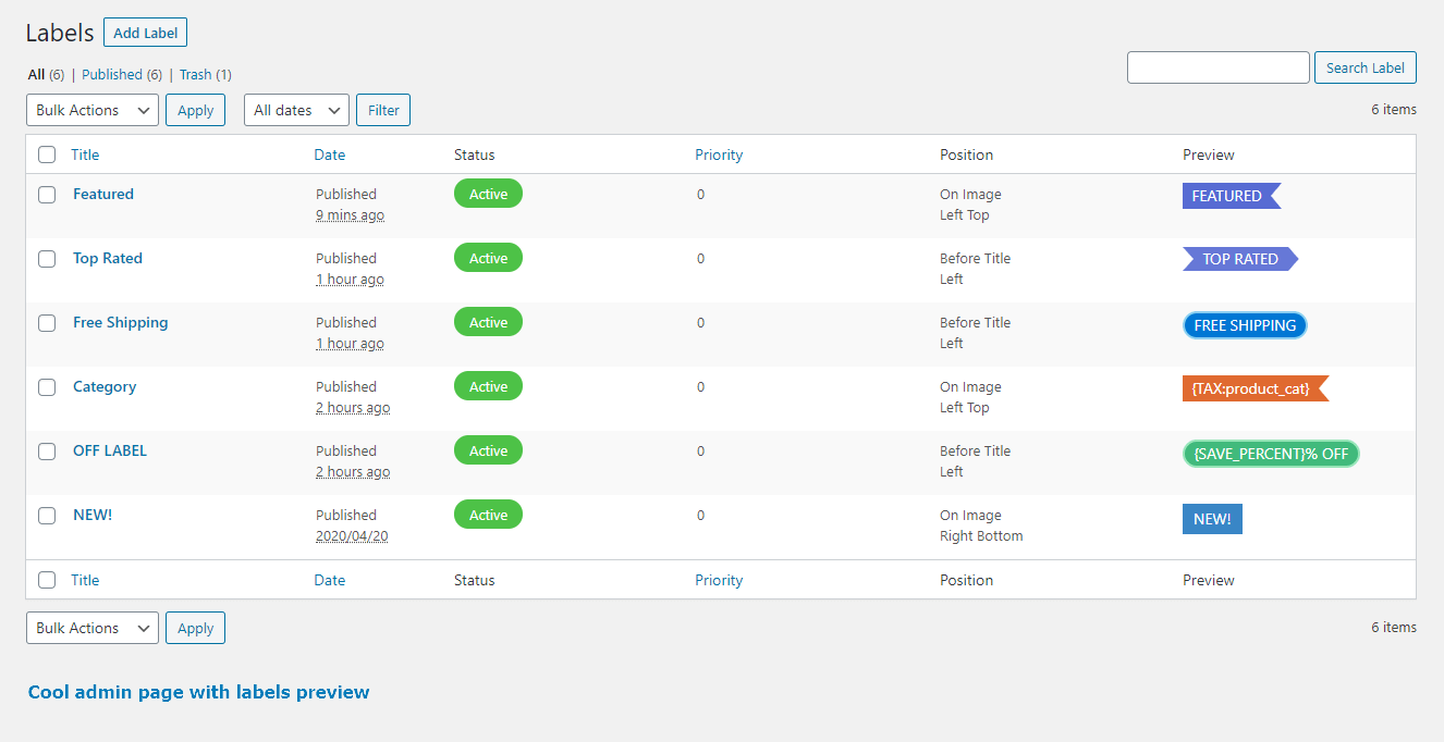 Admin labels page