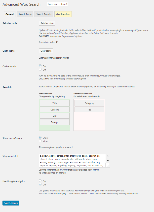 Plugin settings page. General options