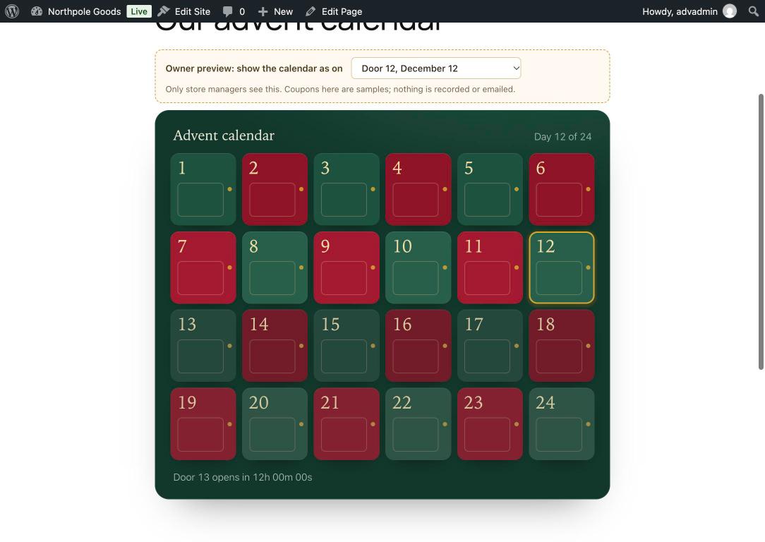 The calendar on a store page, today's door highlighted.
