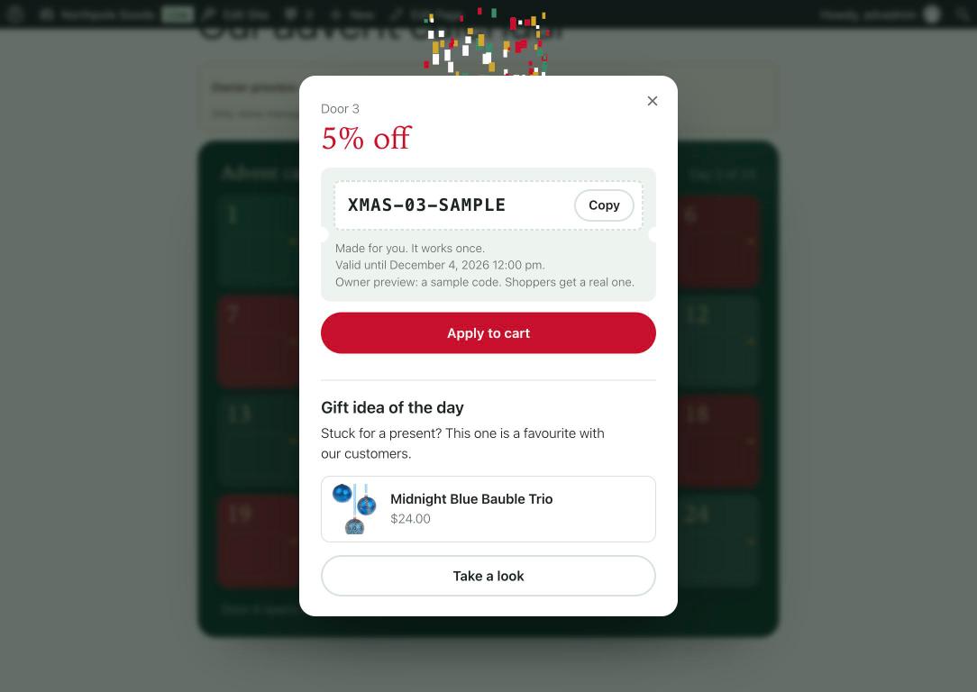 An opened door: the coupon card with Copy and Apply to cart, and a gift idea from the shop.