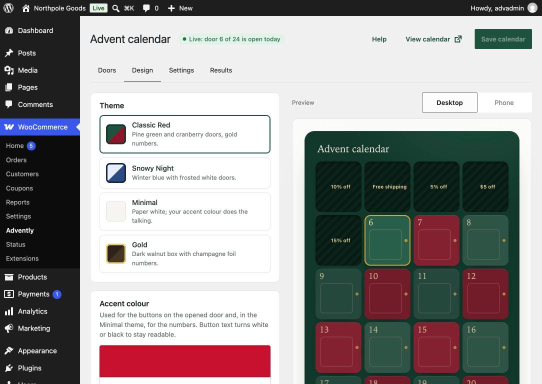 The design tab with a live preview.