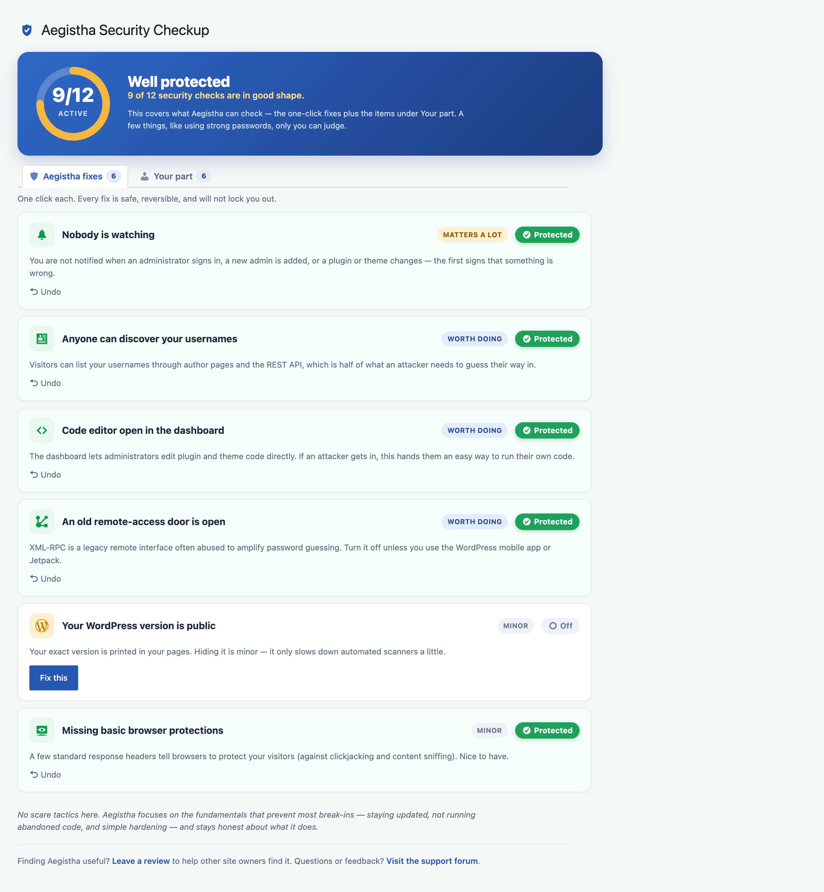 Aegistha fixes — safe, one-click, reversible hardening with a plain-English protection meter.