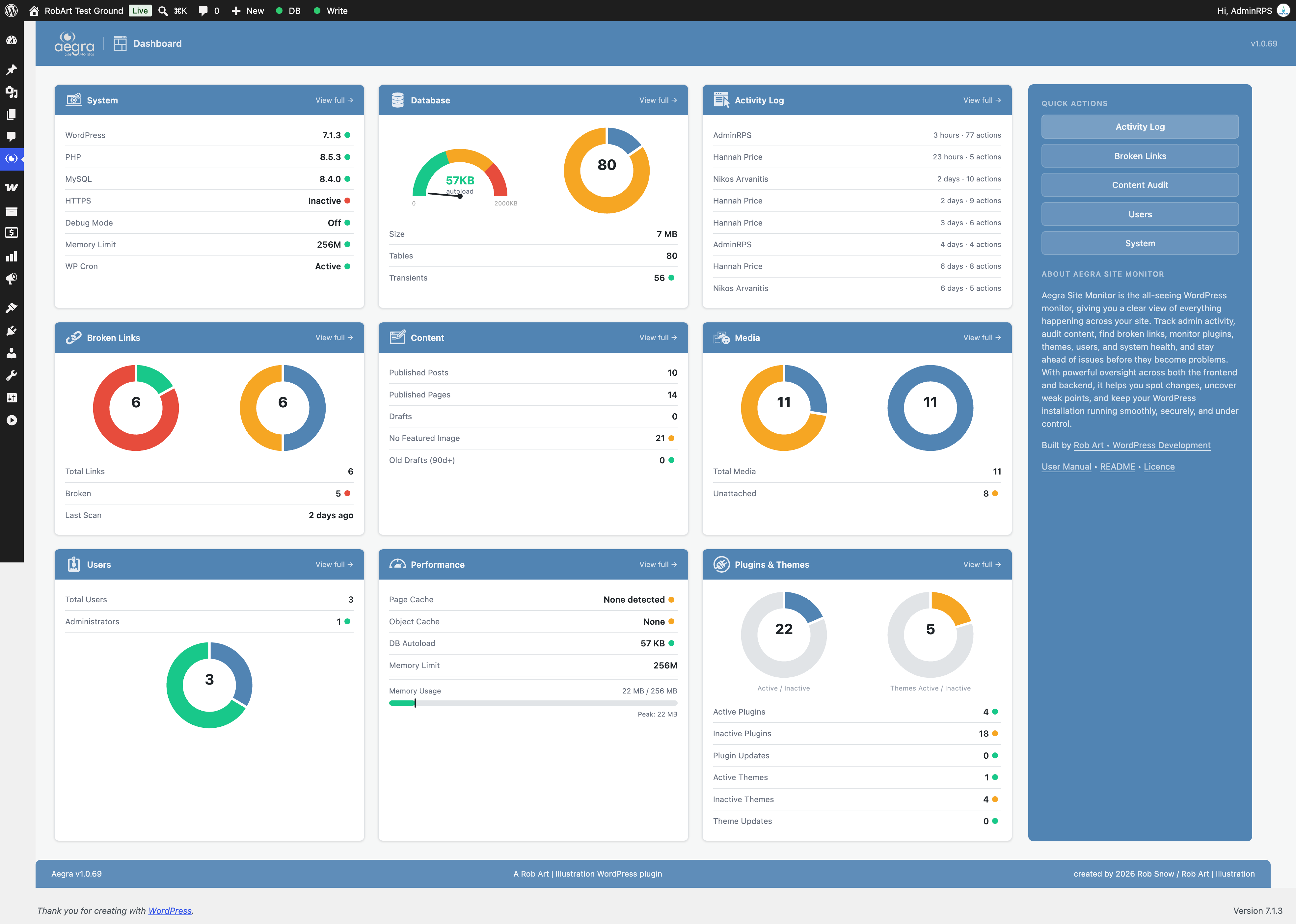 Dashboard — overview with module summary cards