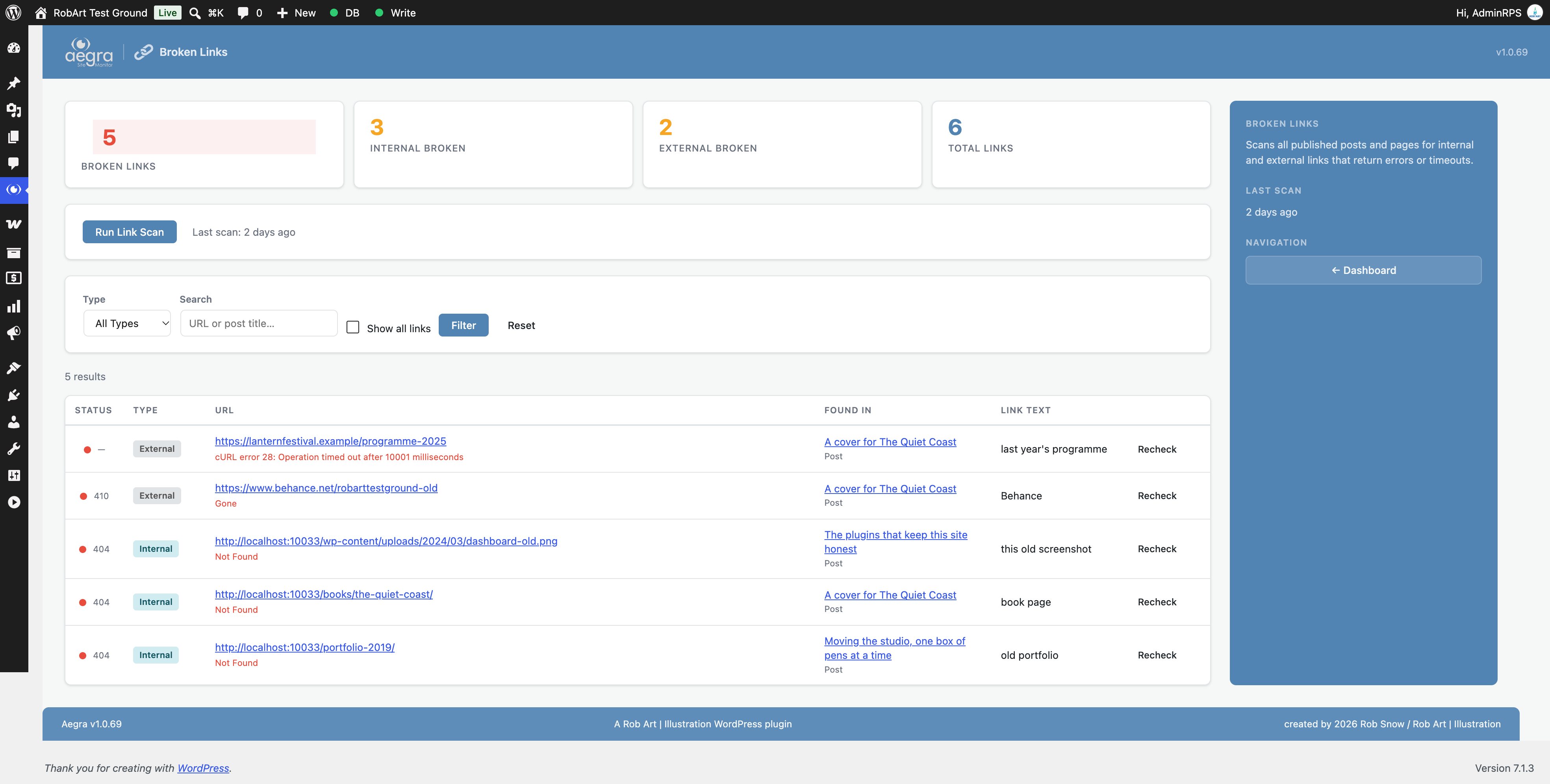 Broken Links — scanner results with status codes and recheck