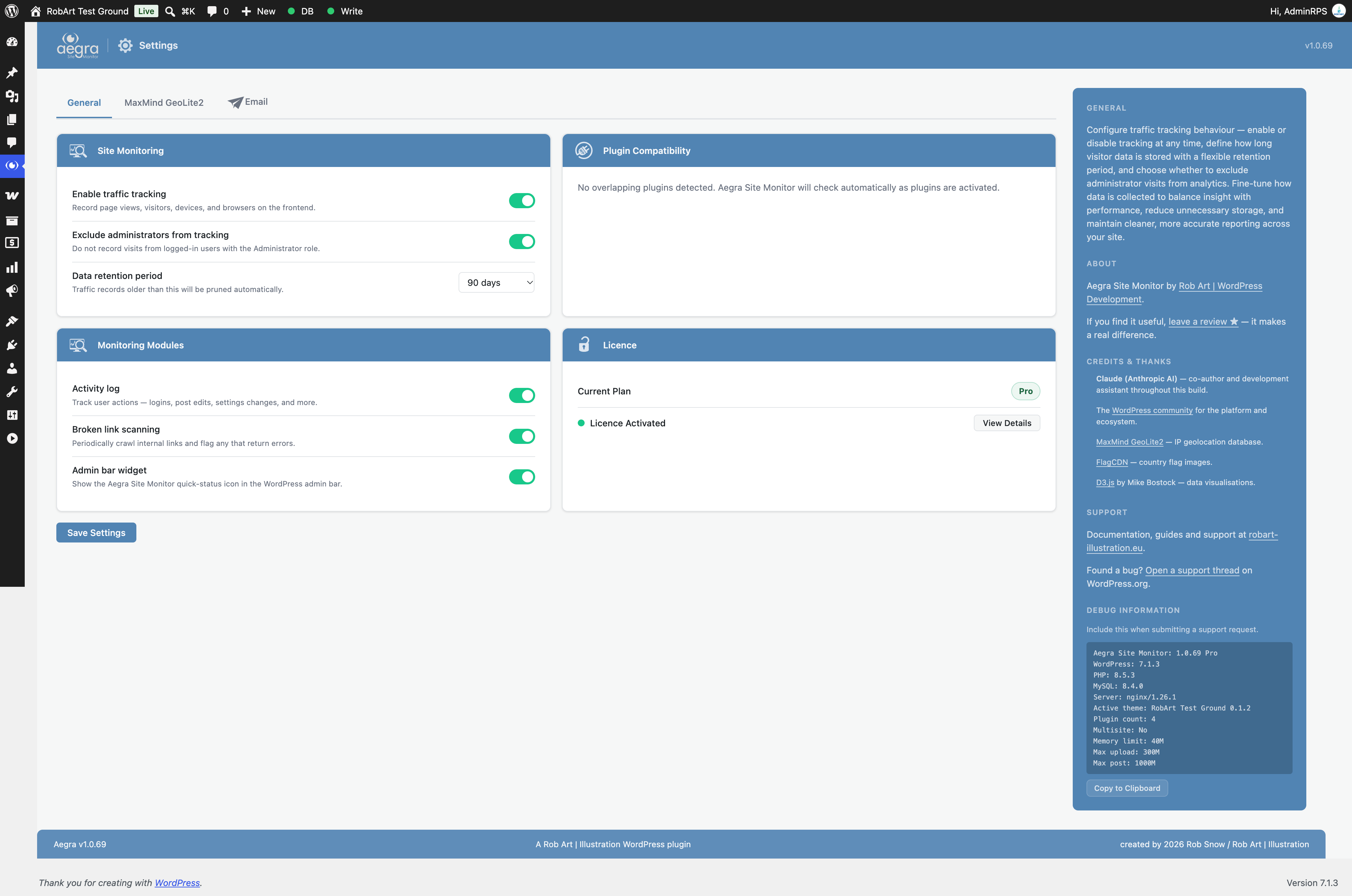 Settings — module toggles, GeoIP setup, and licence activation