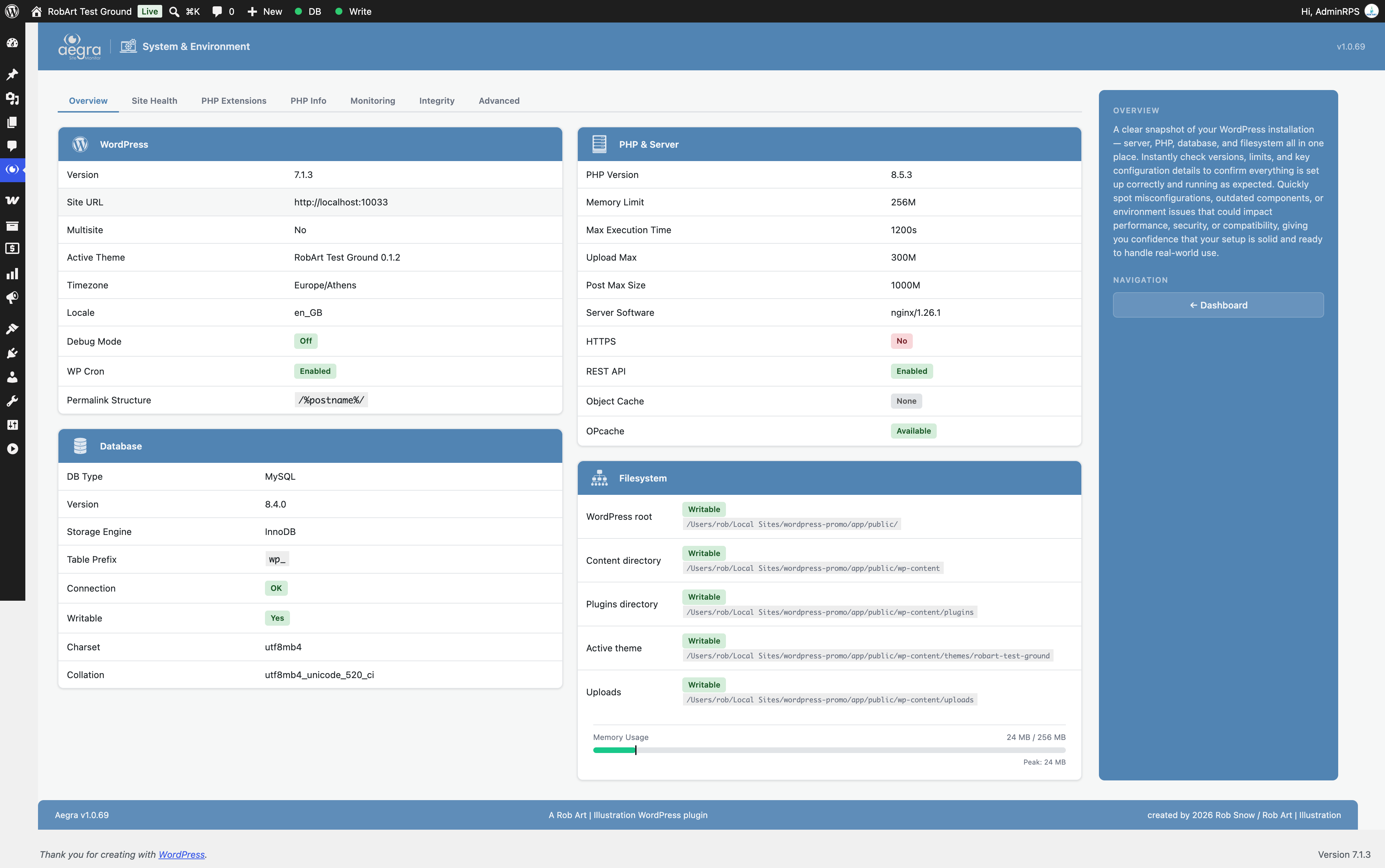 System — WordPress, PHP, server environment at a glance