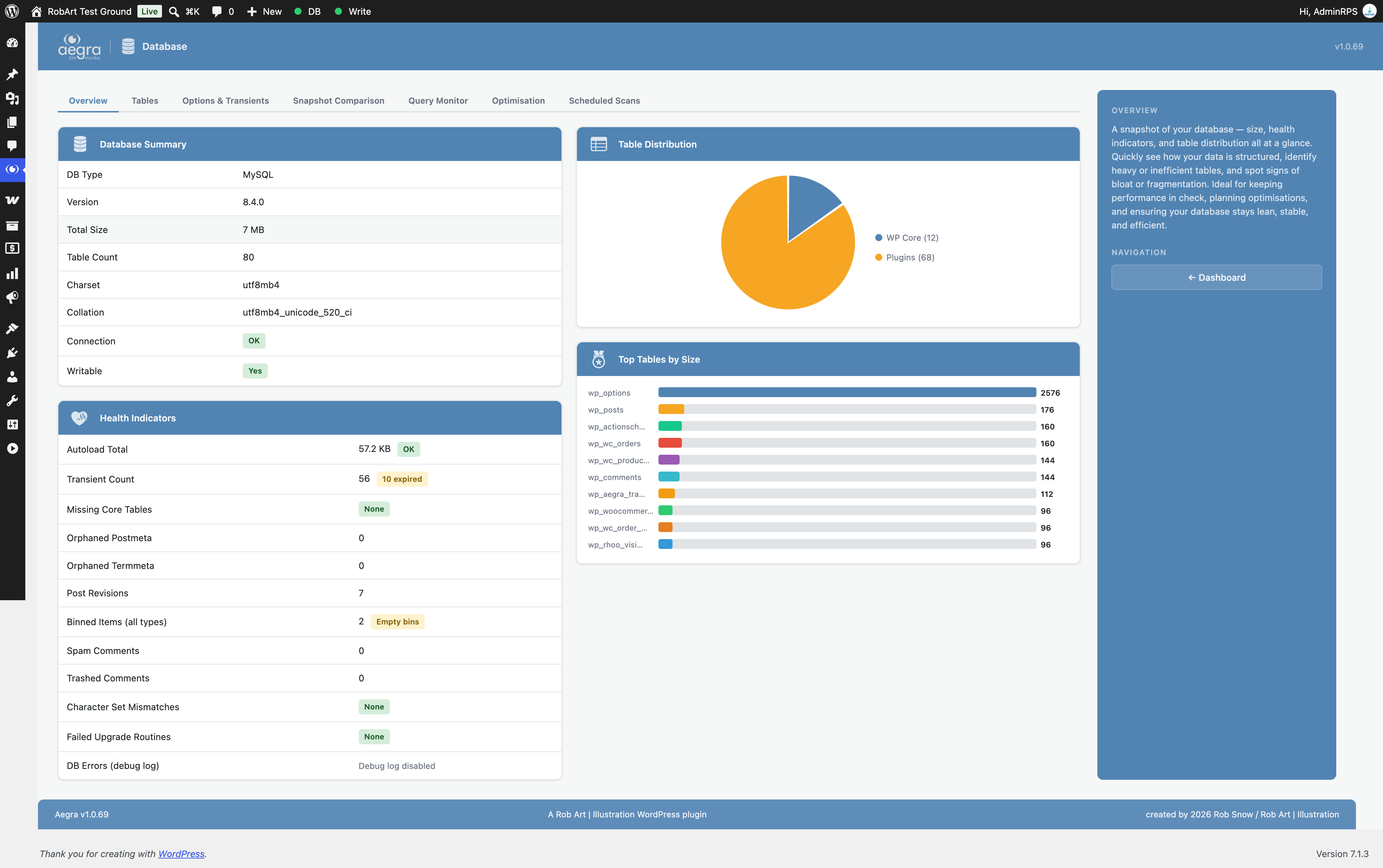 Database — table sizes, autoload, transients, and health checks