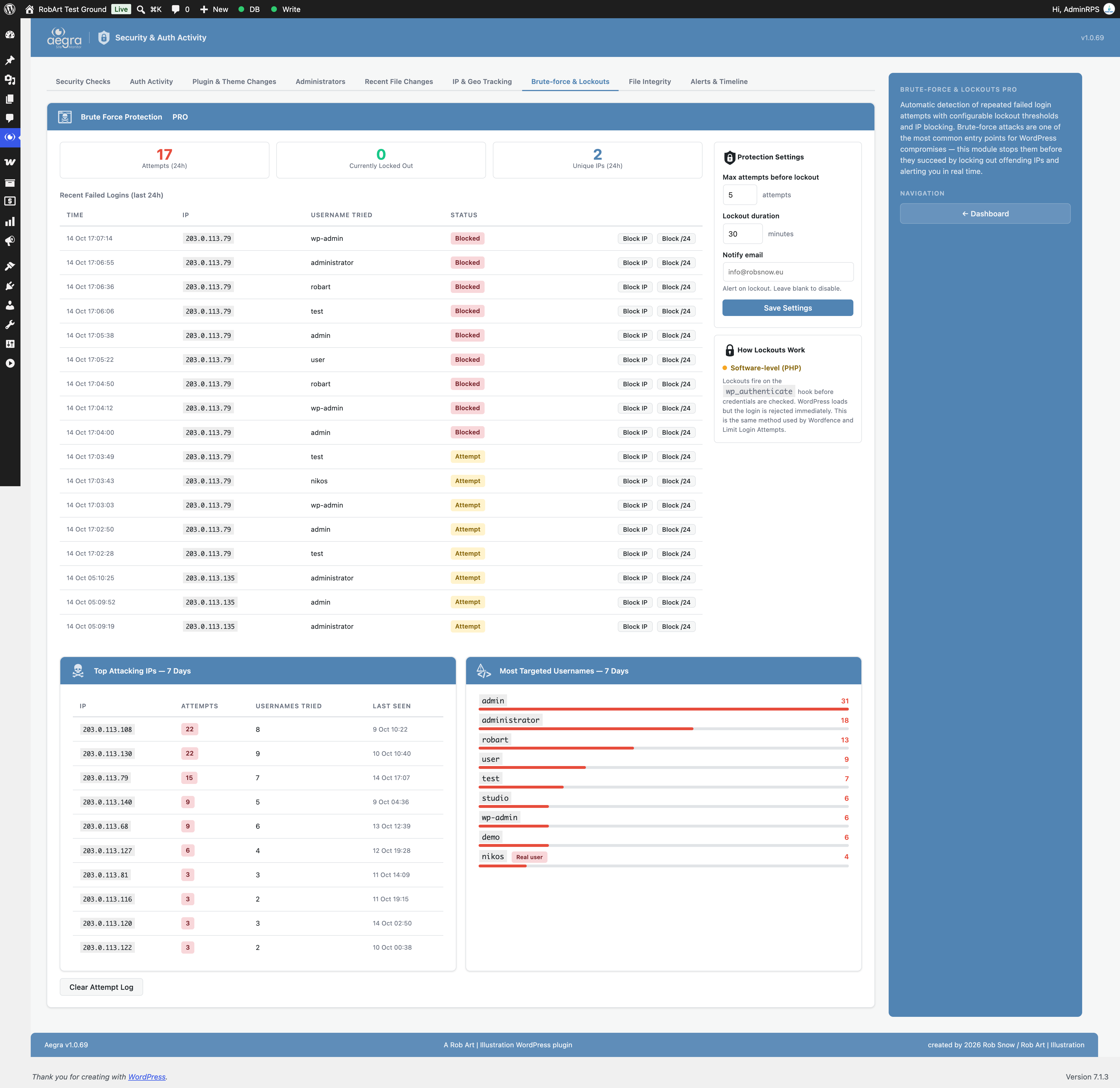 Security — login attempts, file changes, and threat overview