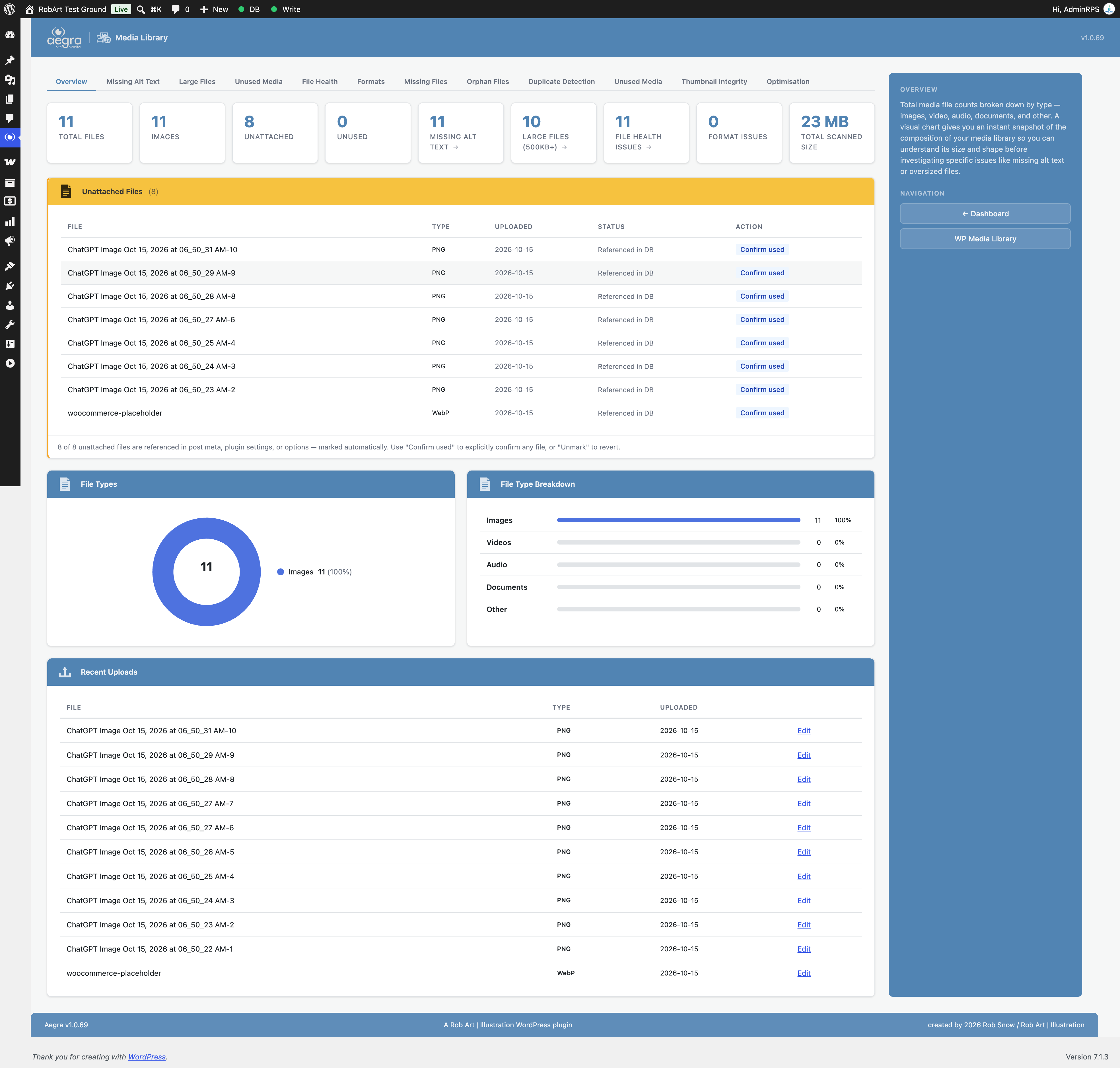 Media Library — counts, file types, alt text gaps, and large files