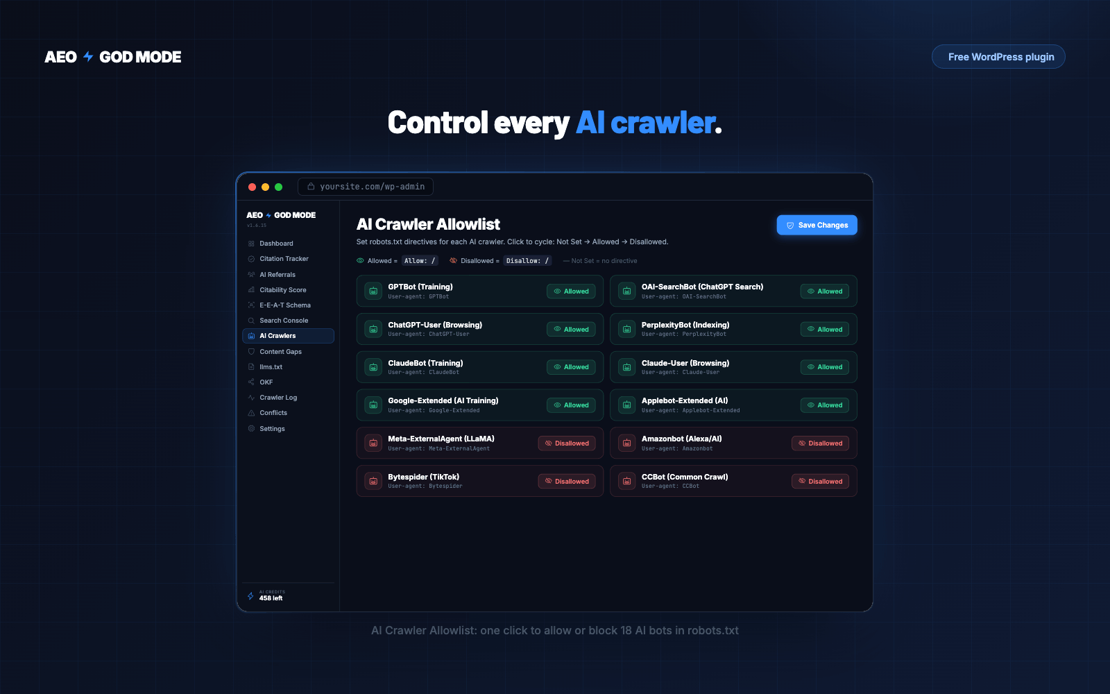 AI Crawler Allowlist. Control which AI bots (ChatGPT, Claude, Perplexity, Gemini and more) can train on or cite your content. A toggle each, and it writes your robots.txt.