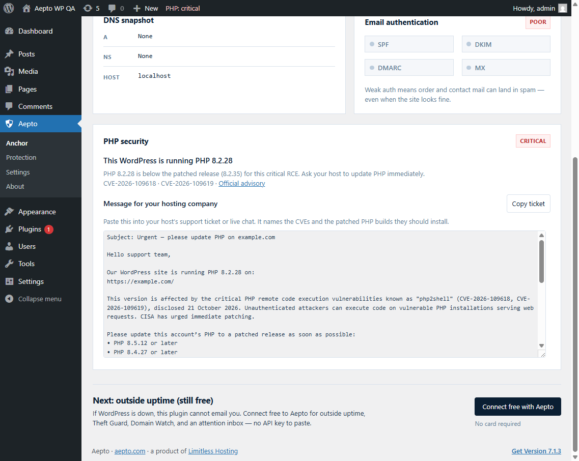 PHP security — critical advisory + host upgrade ticket