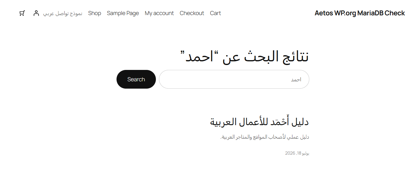 A search without hamza finds a post title containing hamza and common diacritics.