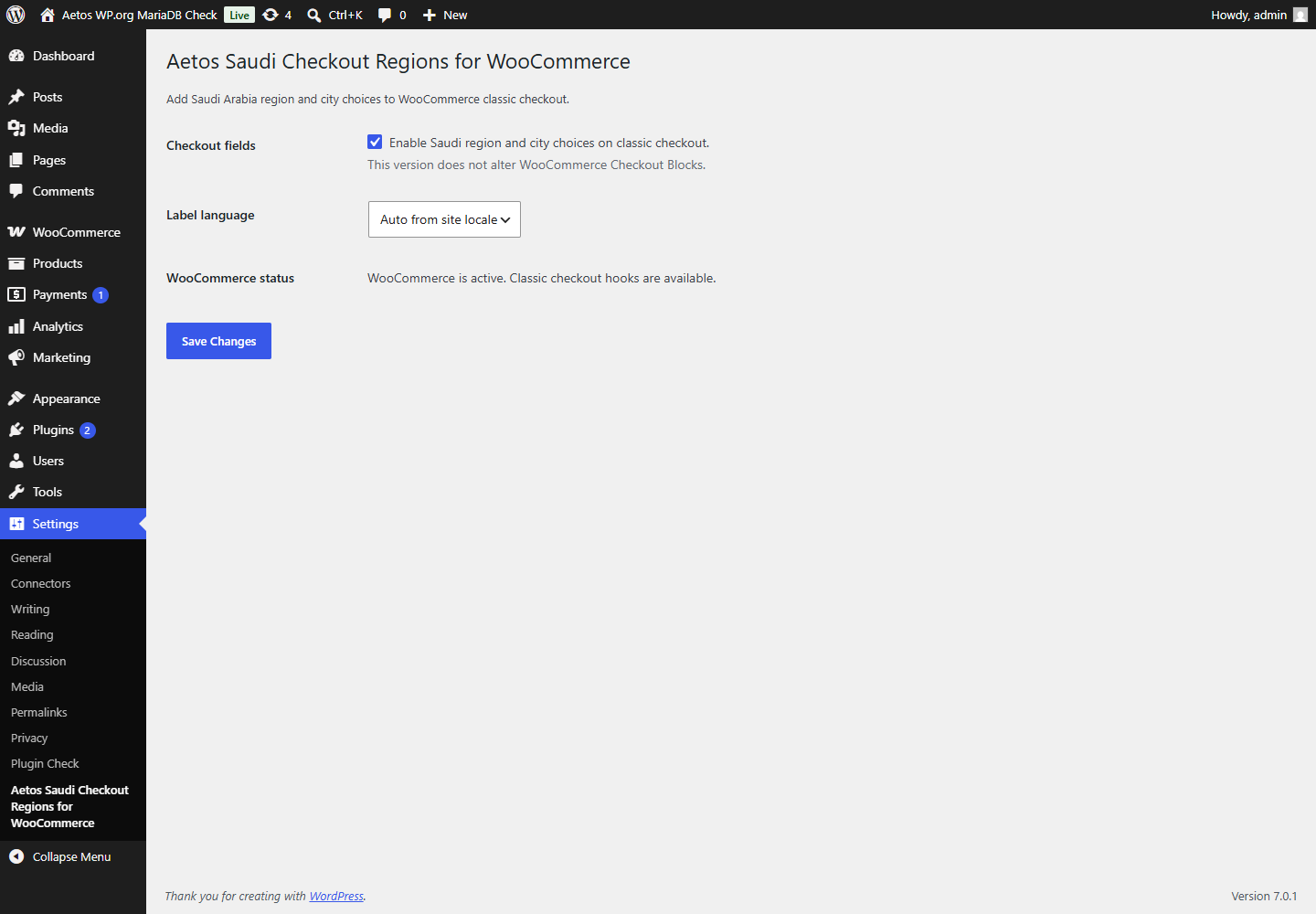 Settings page for enabling Saudi checkout region and city choices.