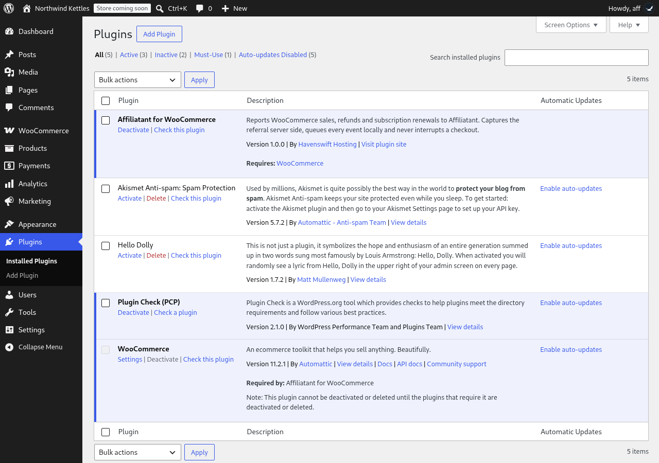 The plugin on the Plugins screen, declaring that it requires WooCommerce.