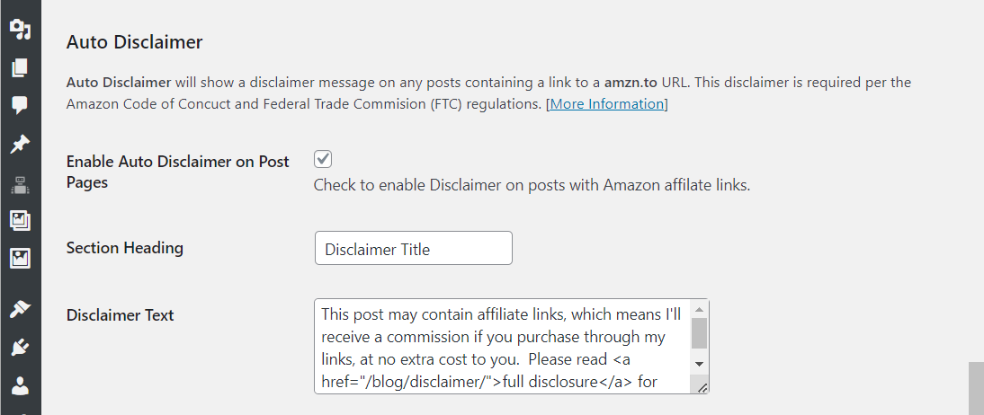 Plugin configuration: Automatic disclaimer on post pages