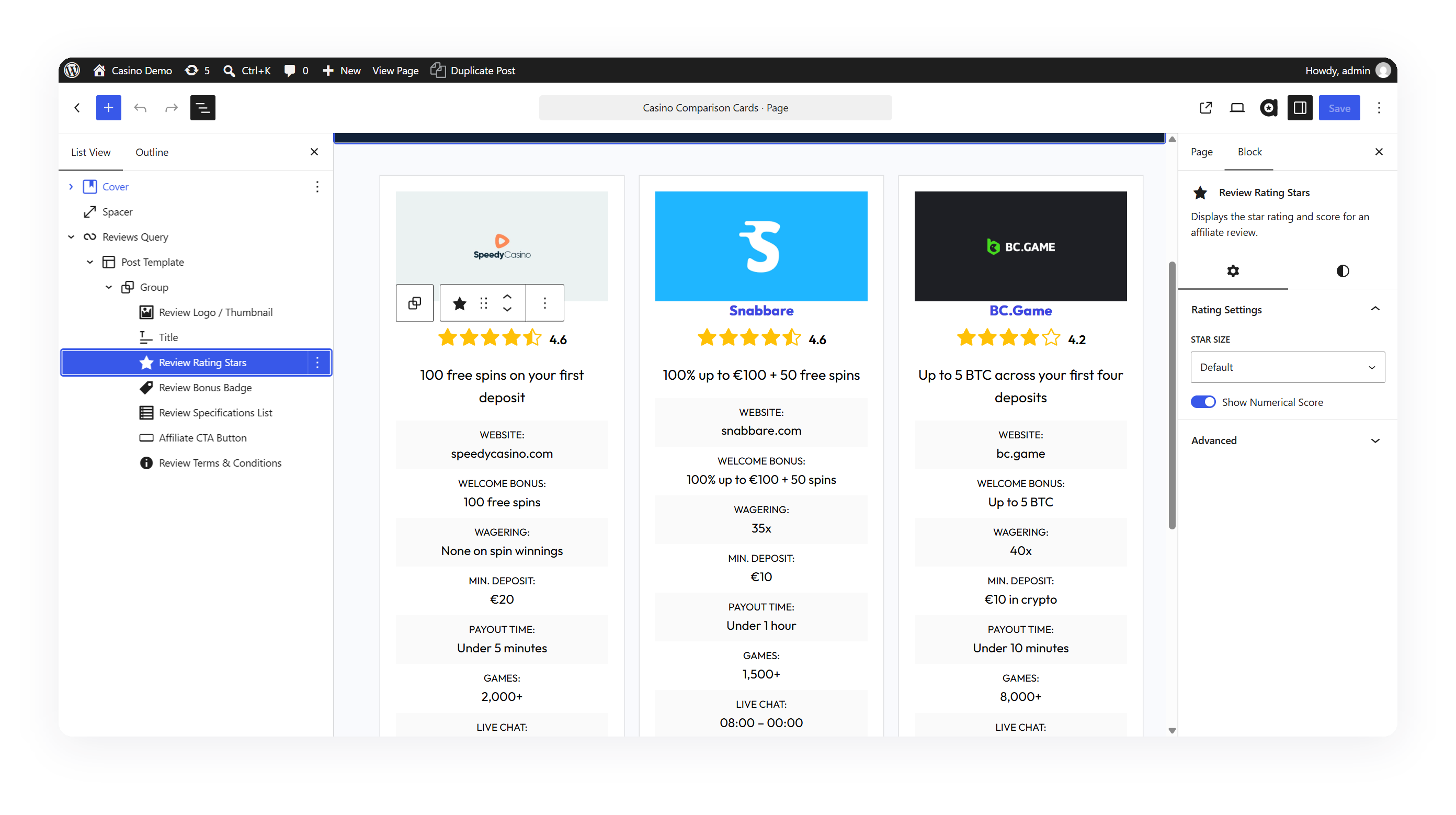 Comparison cards built from review blocks in a Reviews Query, with the rating block's settings in the sidebar.