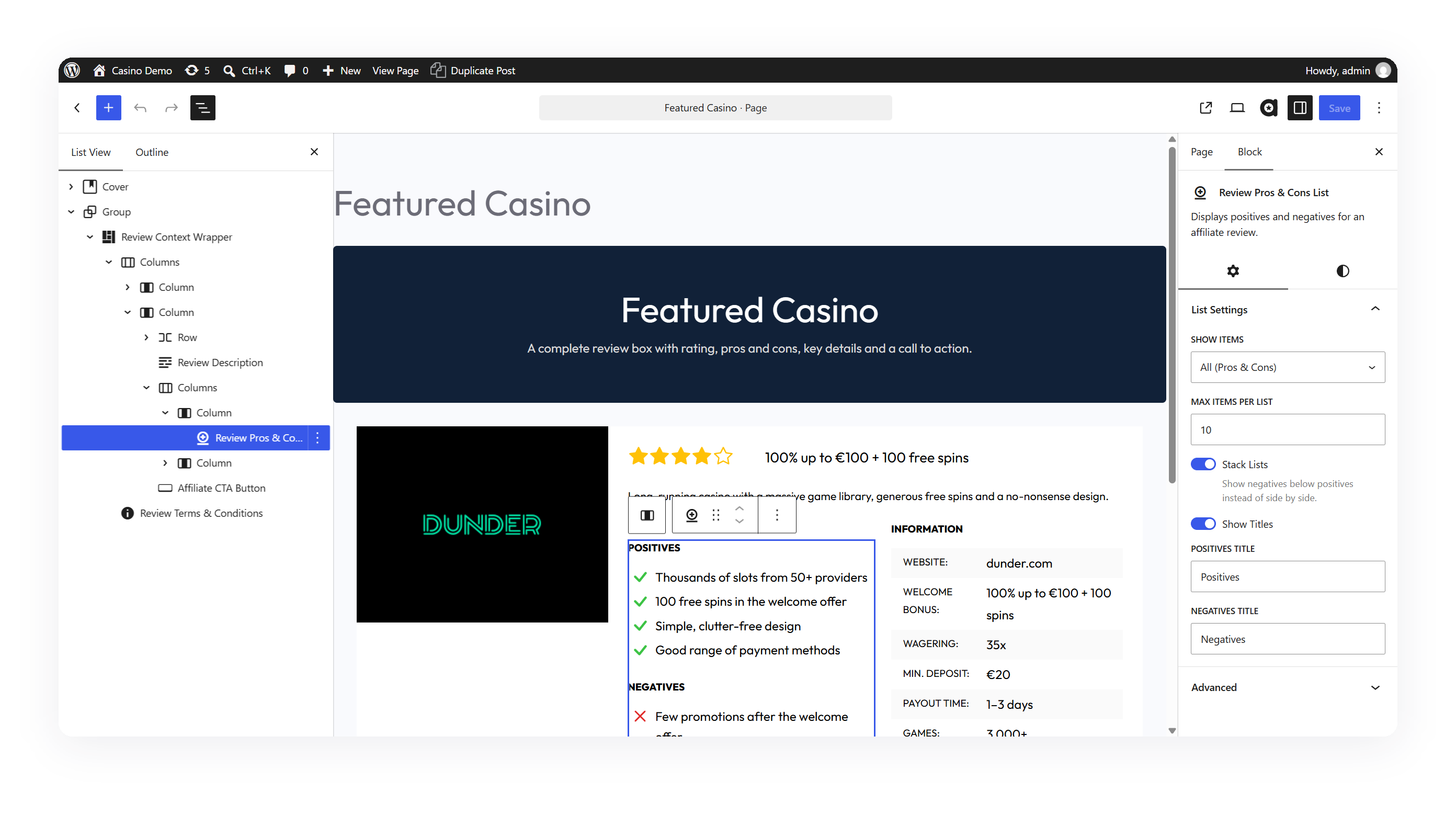 A single review box built from blocks: rating, bonus, description, pros & cons, key details and a call to action.