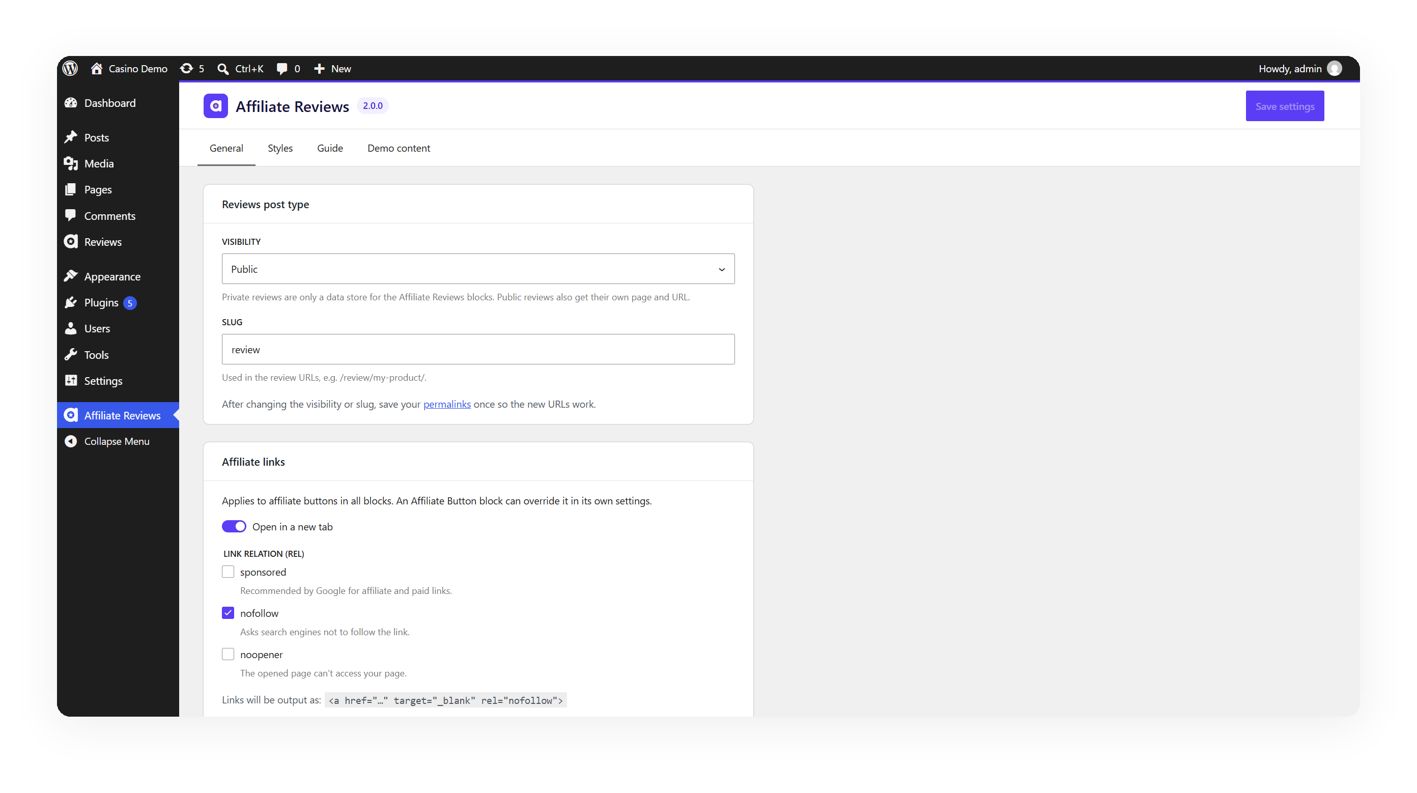 Plugin settings: review visibility and URL slug, plus link options for new tabs and rel attributes.