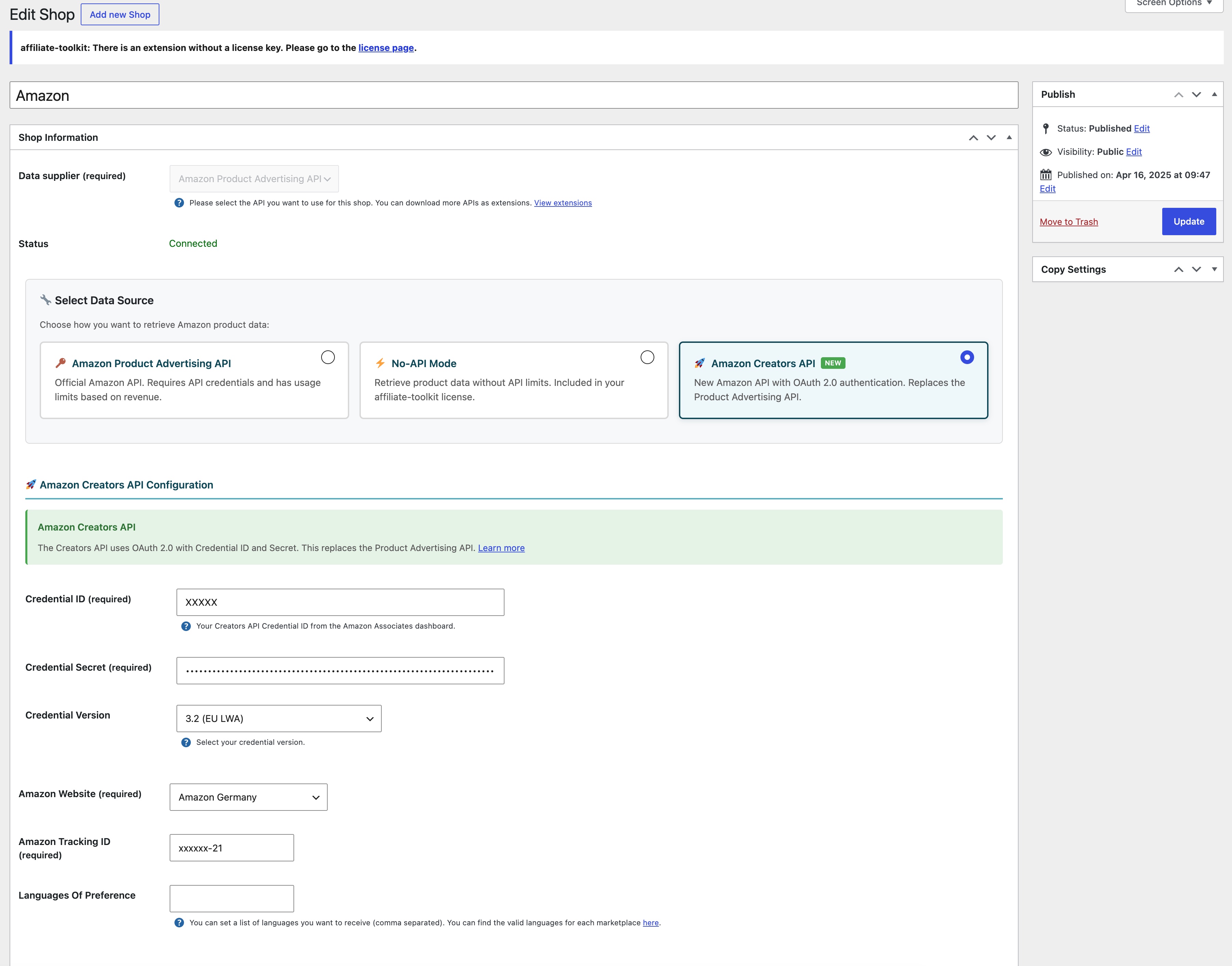 Shop setup with Amazon Creator API and No-API mode.