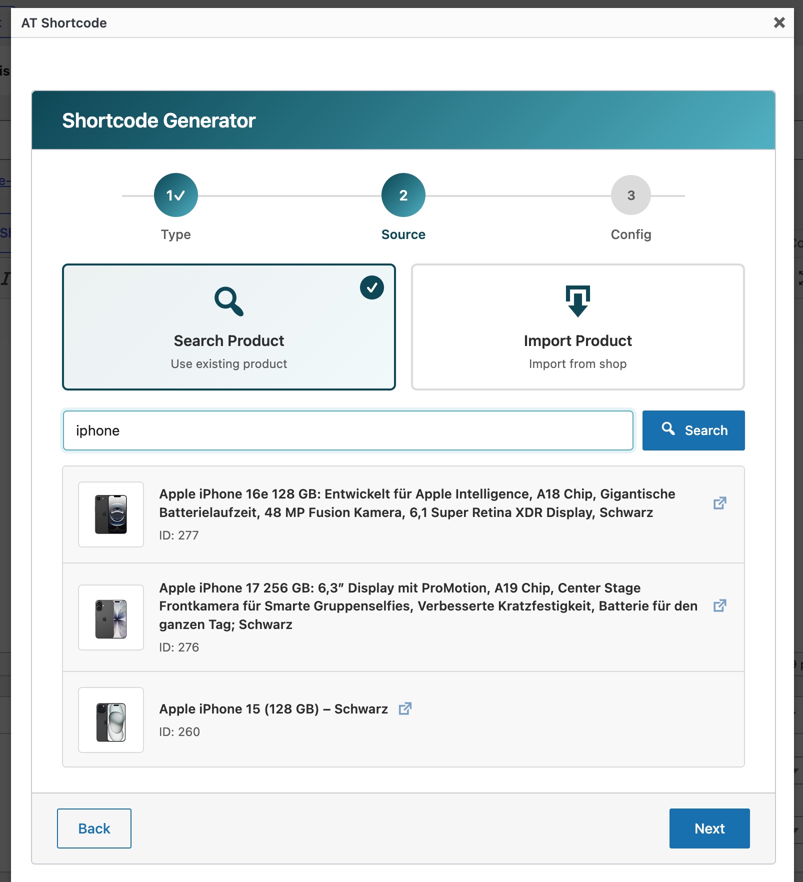 Product search within the shortcode generator.