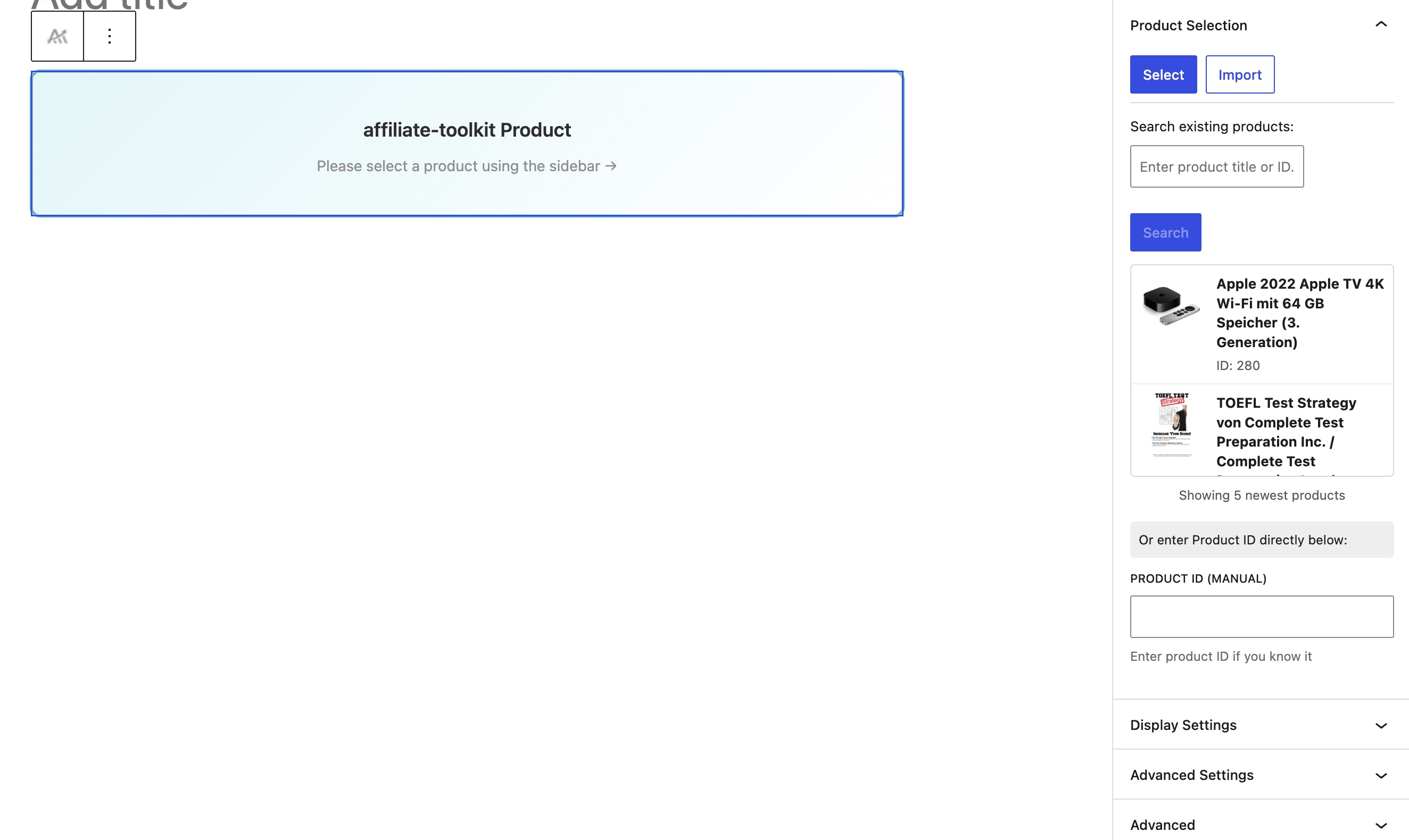 Gutenberg editor with the affiliate-toolkit product box.