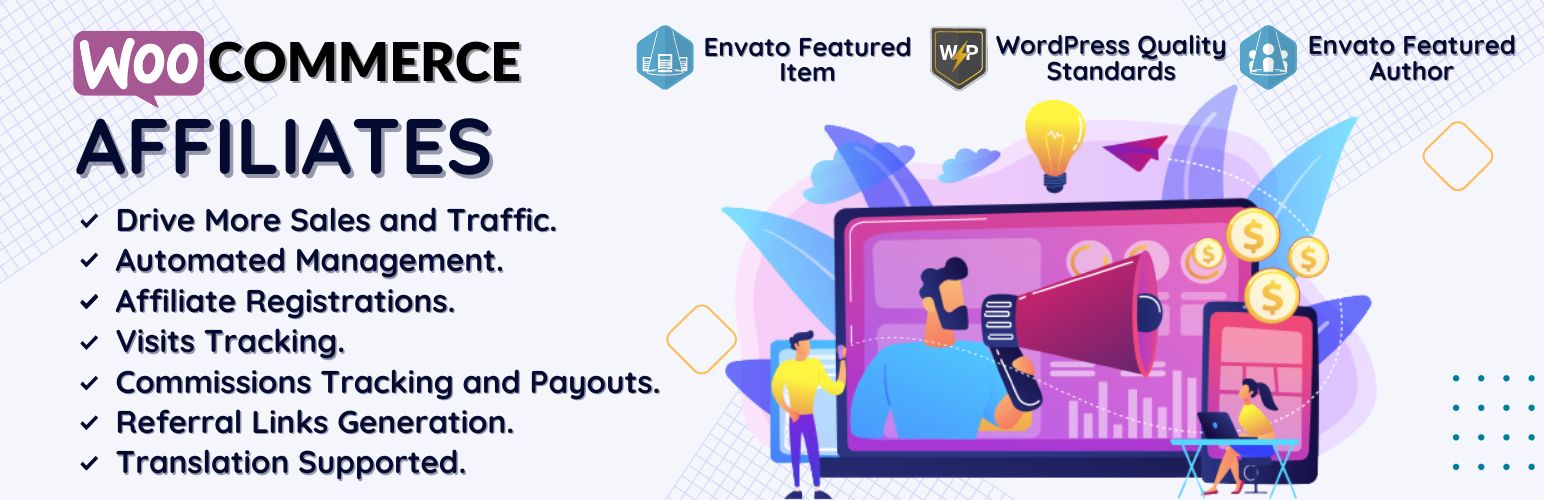 WordPress 外掛 Affiliates for WooCommerce – Boost your Earnings with Affiliate Marketing Program 的封面圖片。