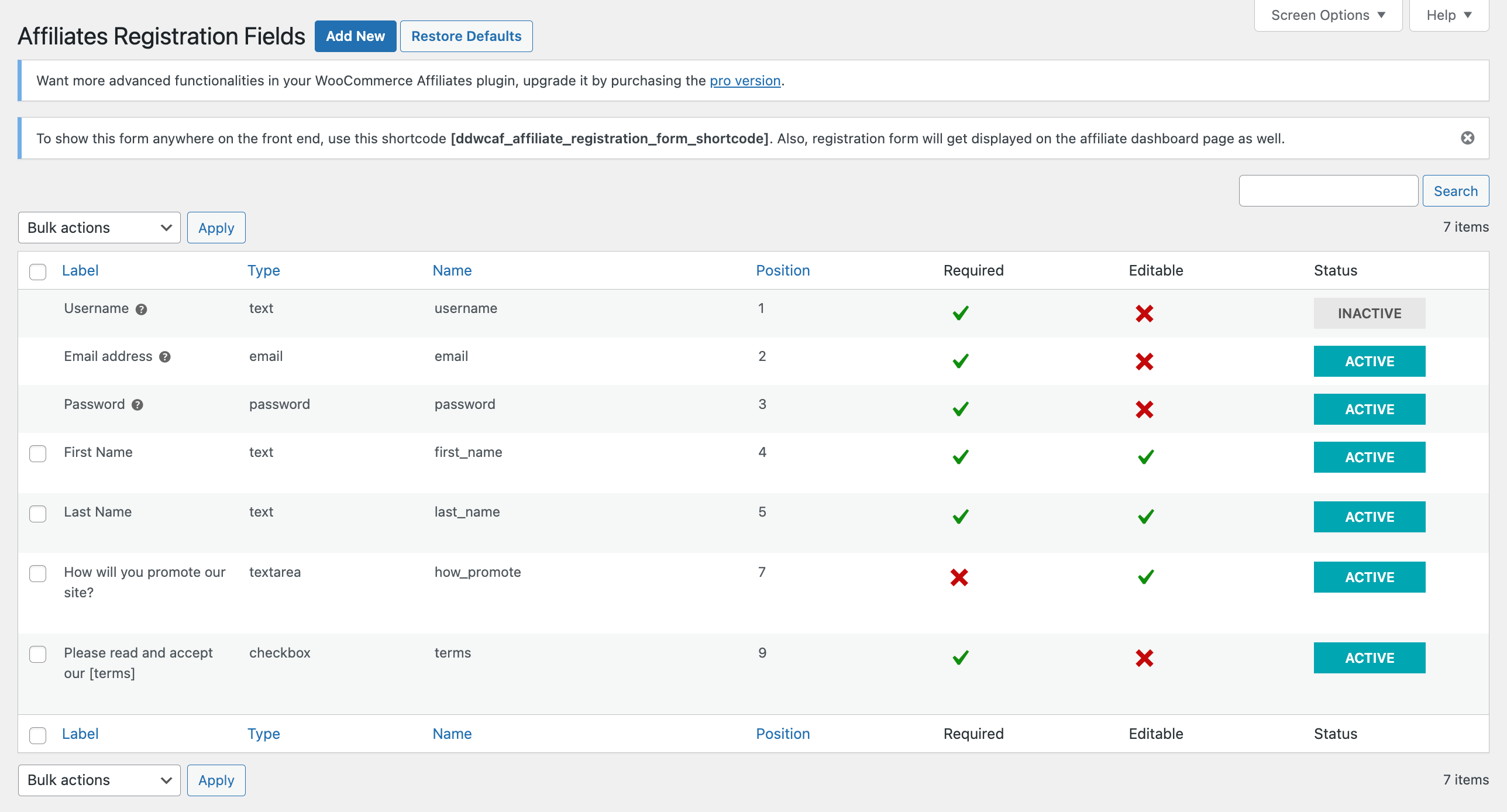 Registration fields list page.