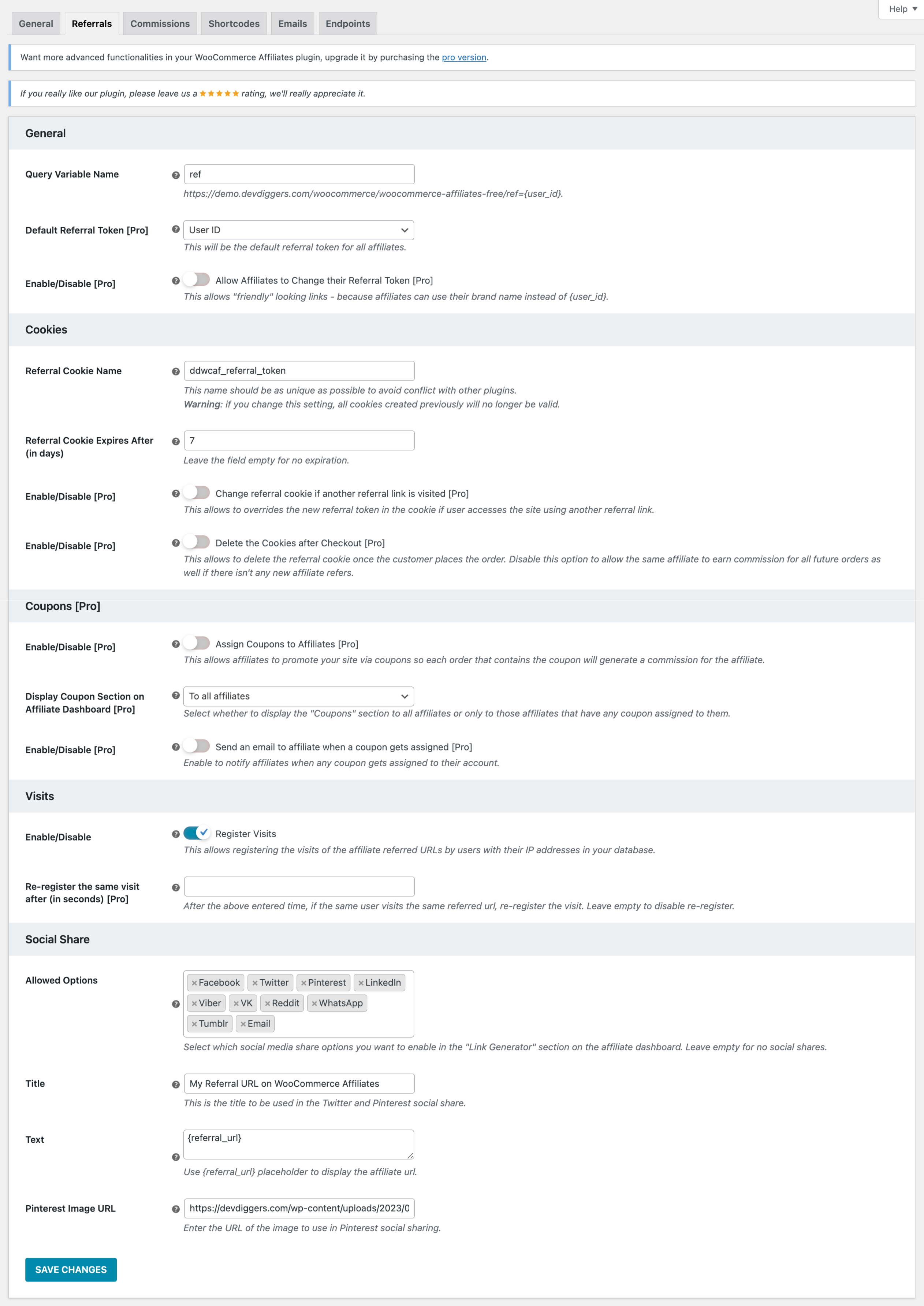 Referrals configuration page.