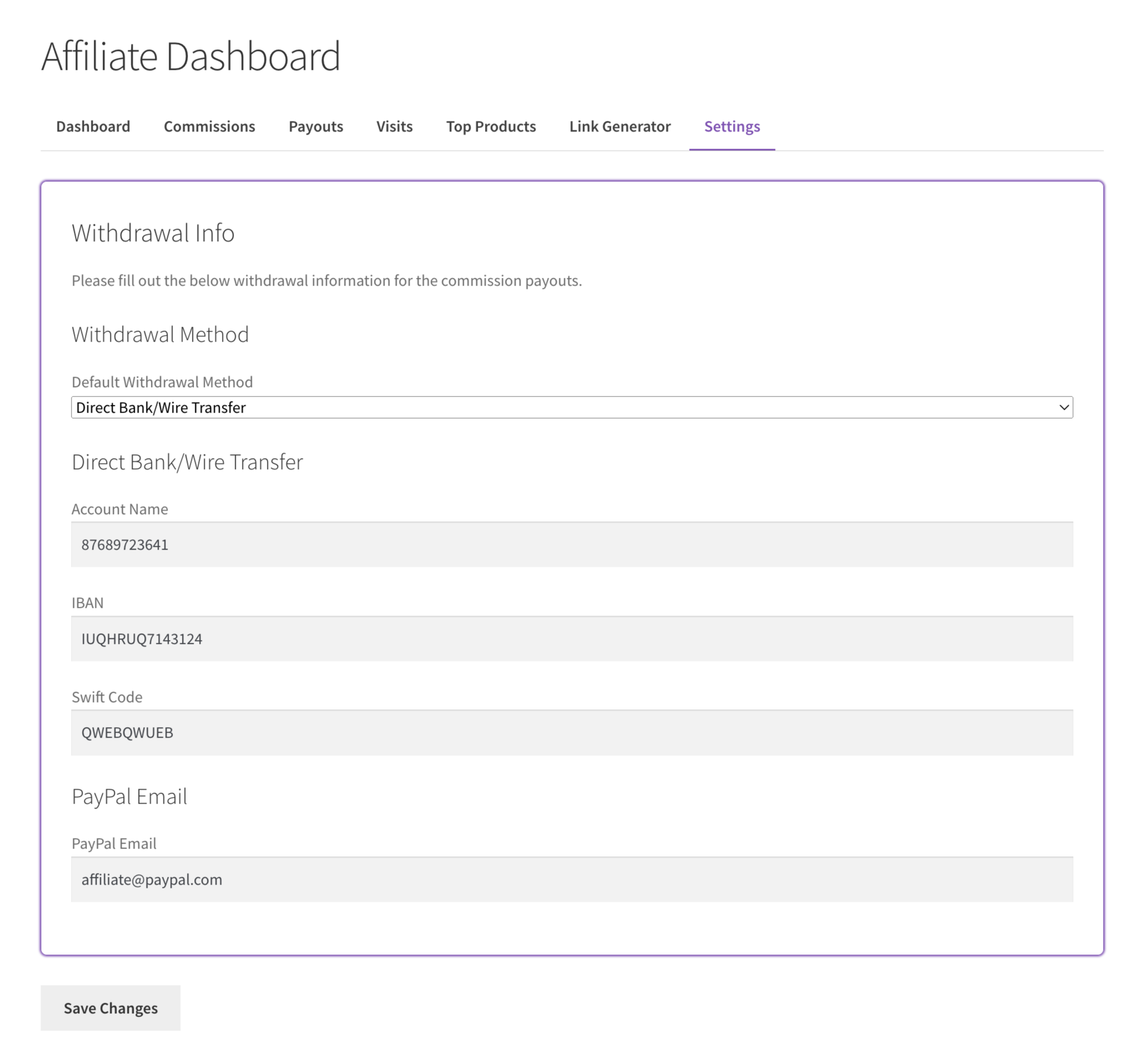 Affiliate settings page.