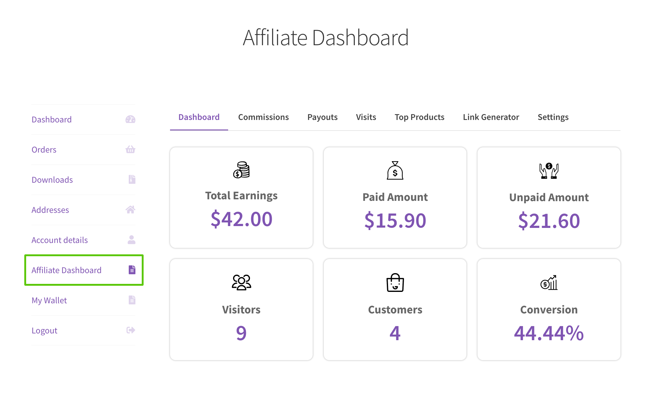 Affiliate dashboard on my accounts page.