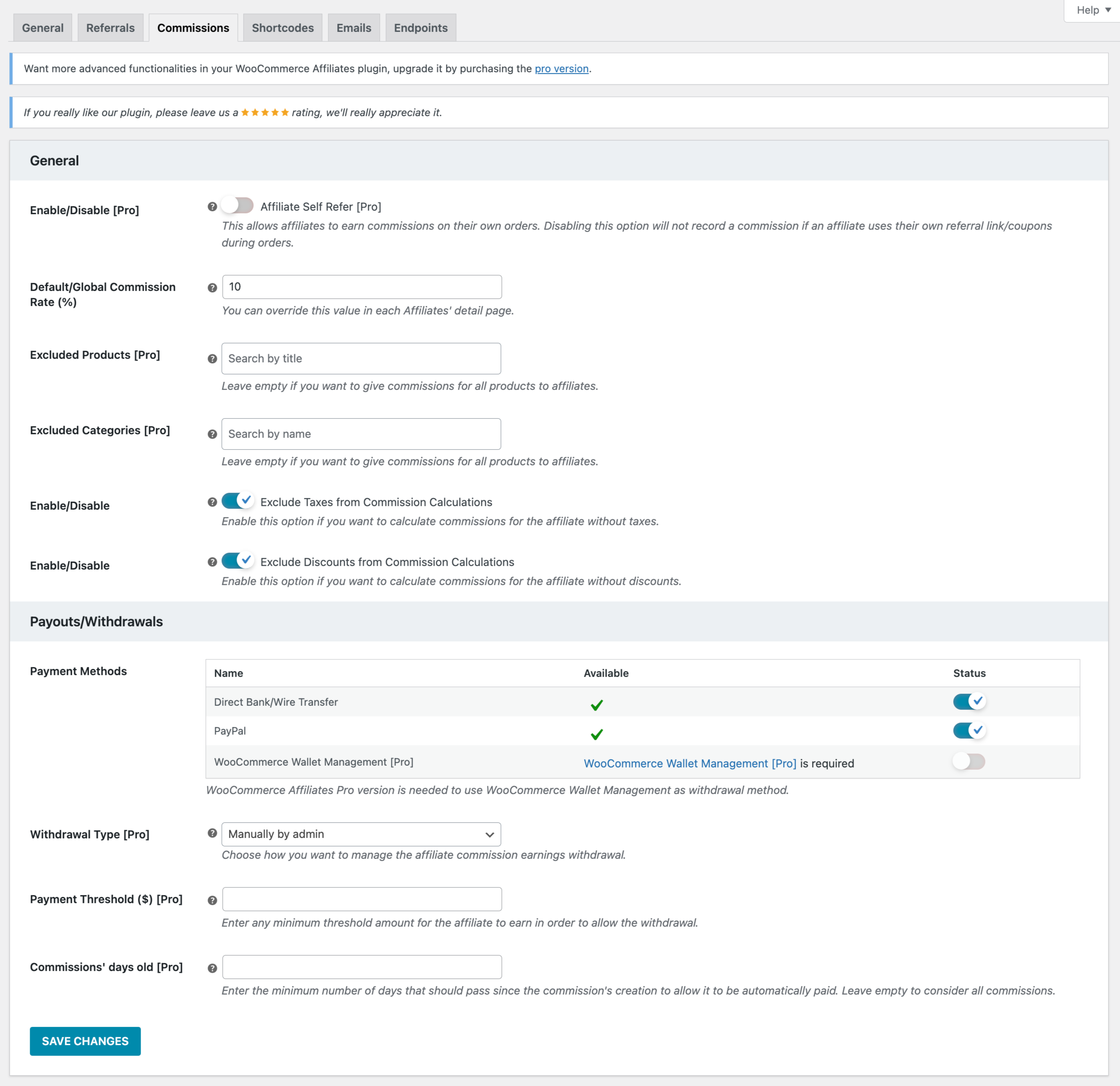 Commissions configuration page.