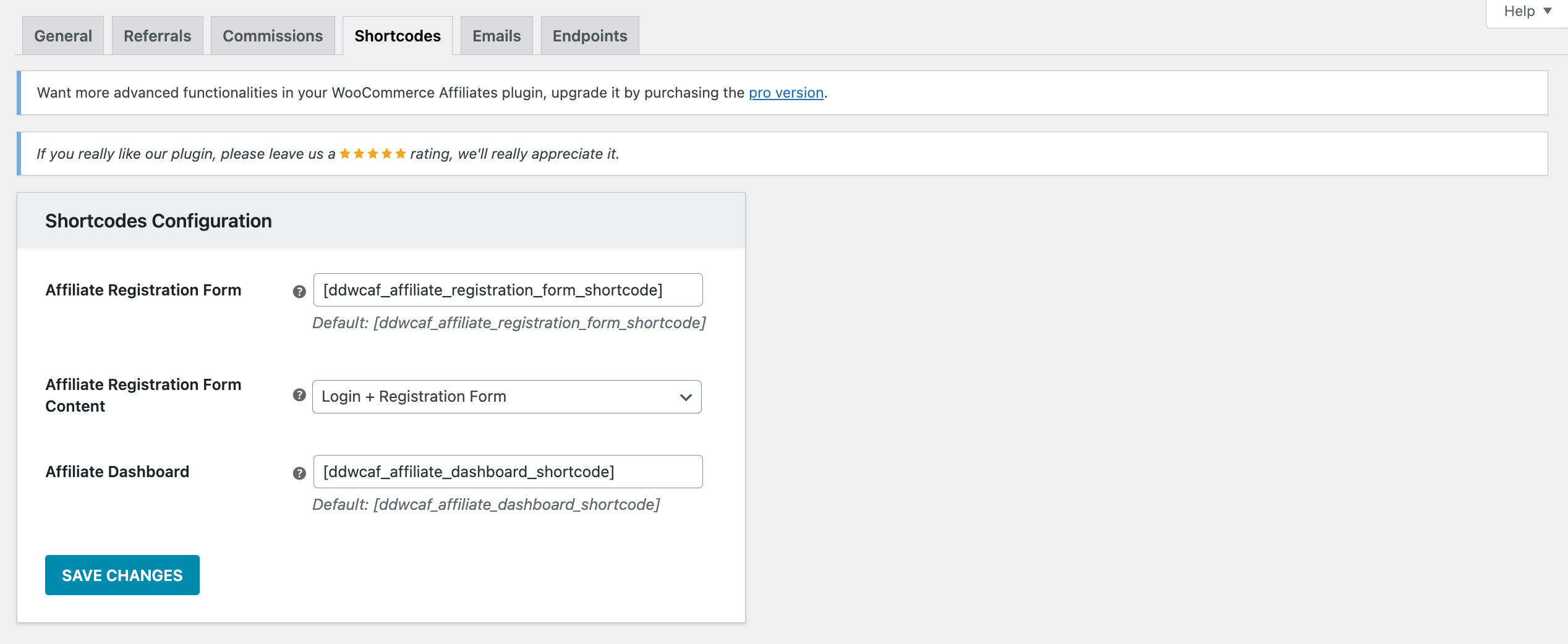 Shortcodes configuration page.