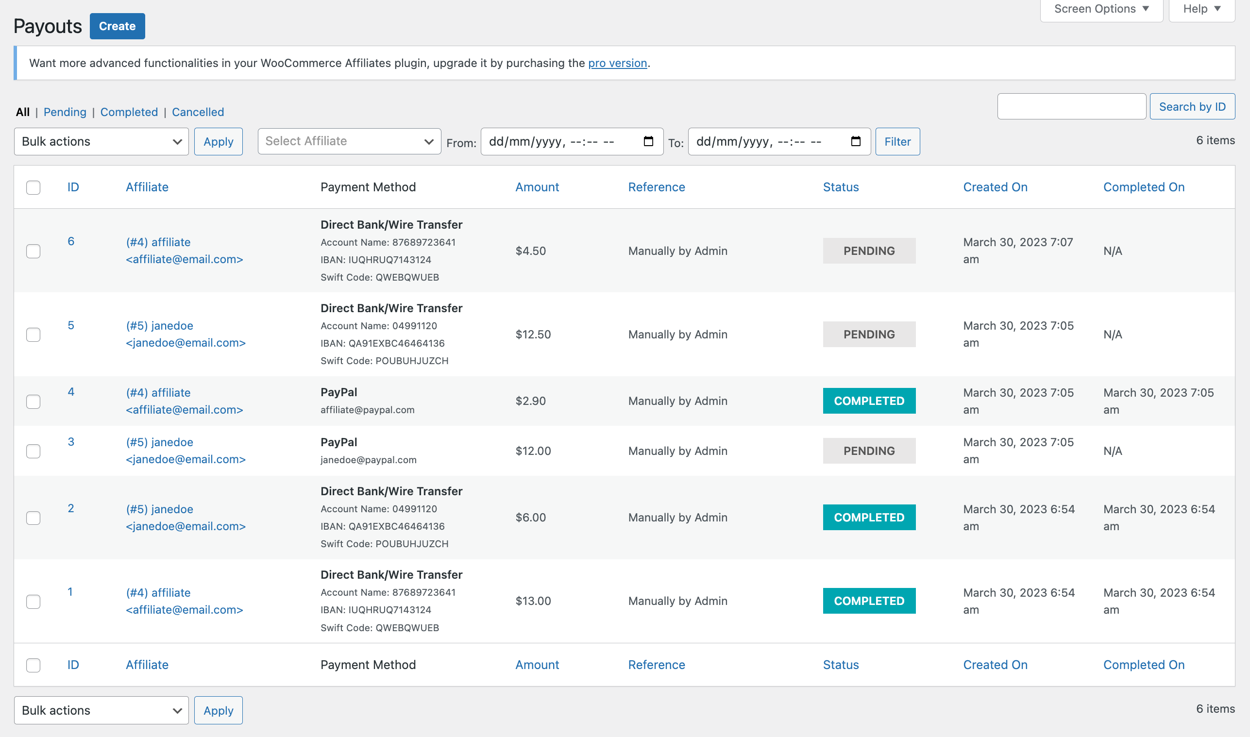 Payouts list page.