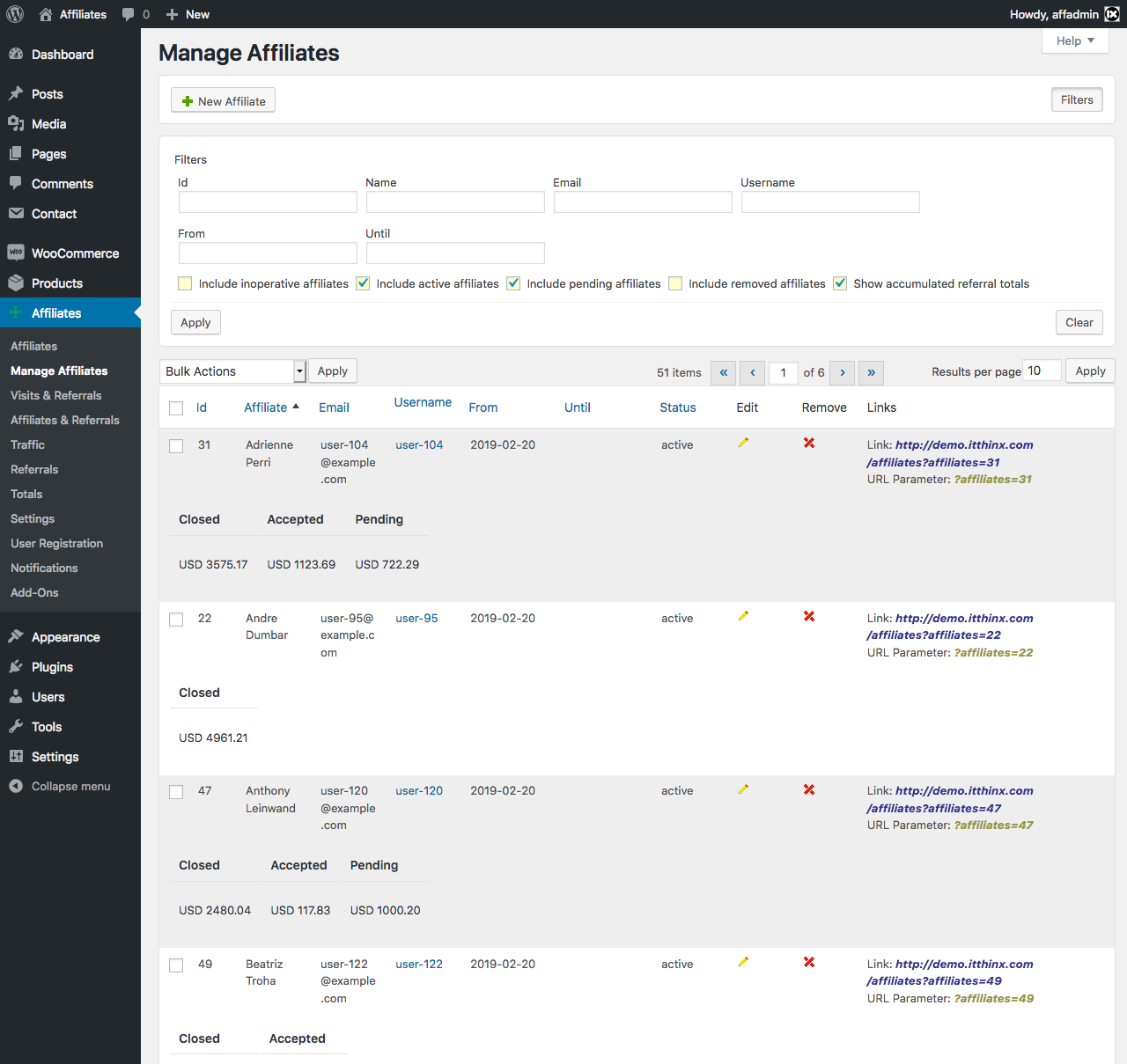 Manage Affiliates - Affiliate Manager's administrative section on the back end, where the site's partners are maintained.