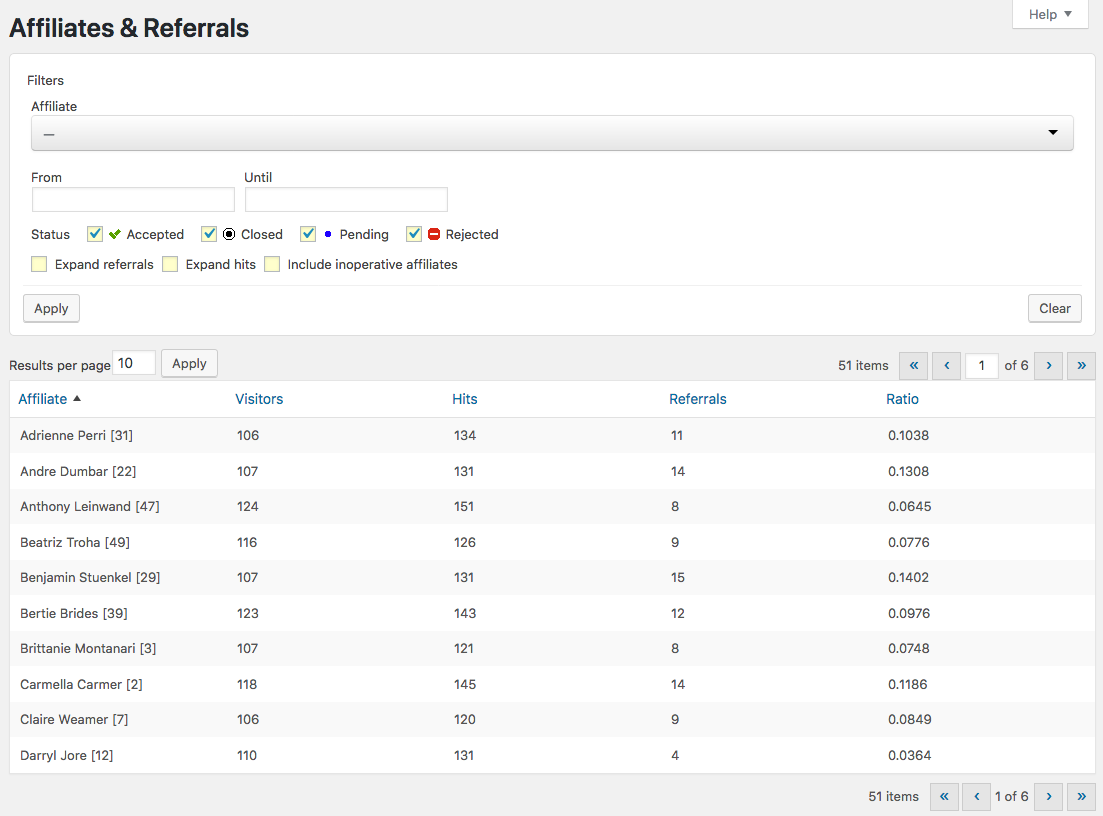 Affiliates &amp; Referrals - Per-affiliate view for the Affiliate Manager, provides information about visits and referrals generated through affiliate links.