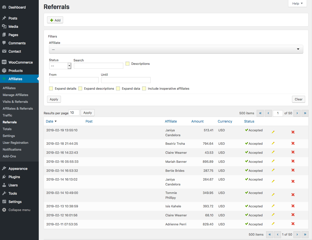 Referrals - The Affiliate Manager's overview on information about referrals with filters and optional details.