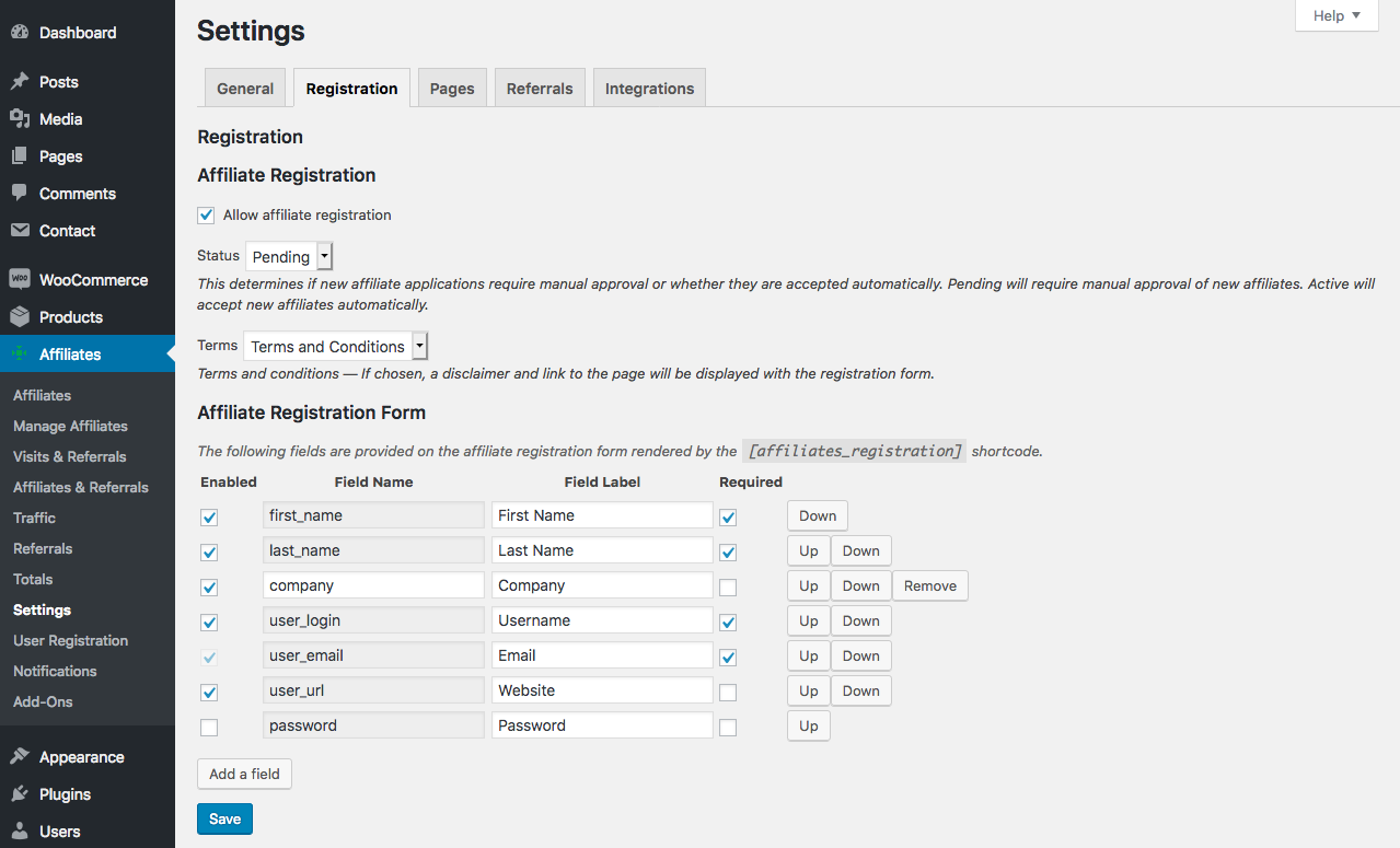 Settings &gt; Registration - Customizable affiliate registration.