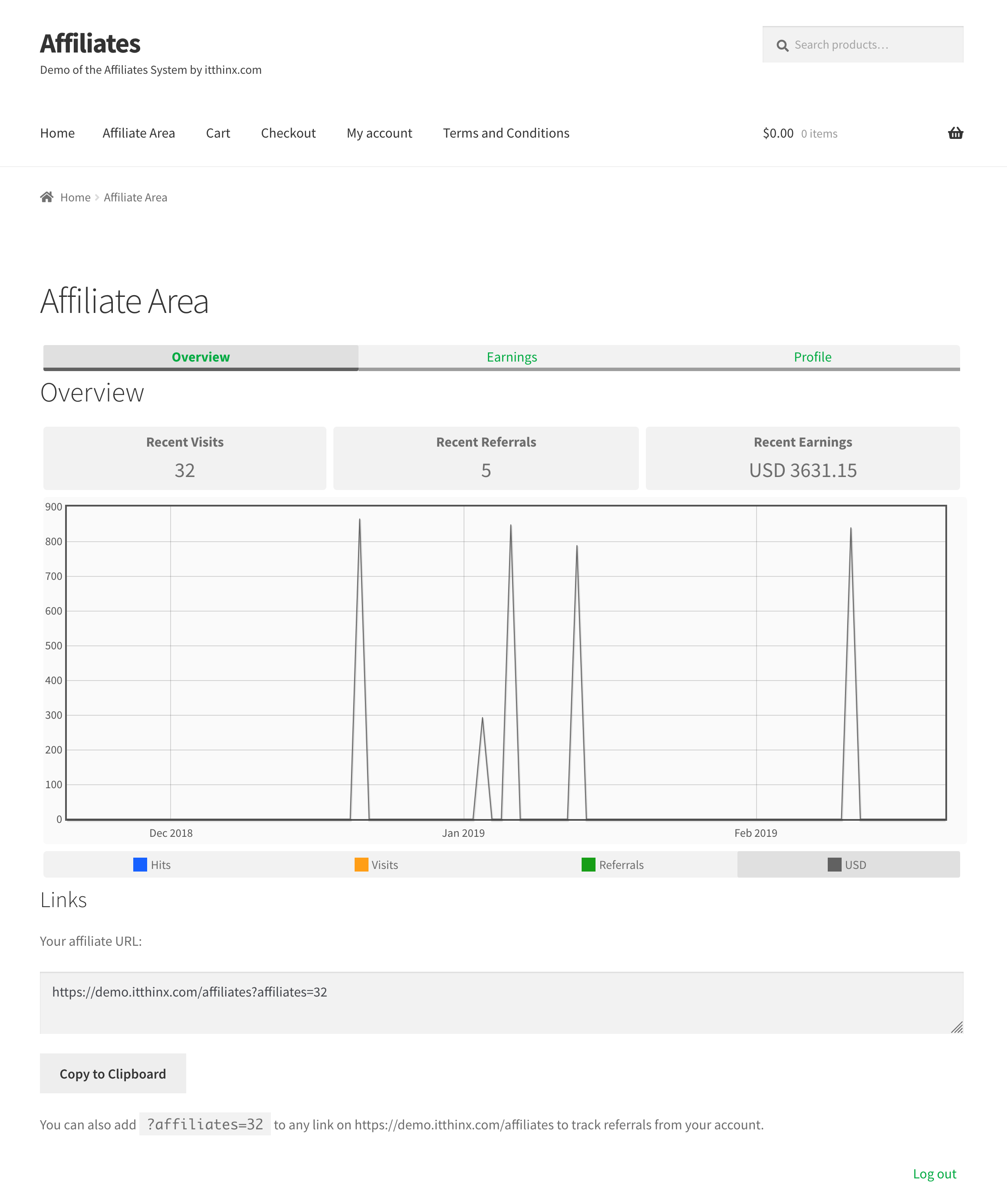 Affiliates Dashboard Overview - Front end affiliate dashboard section viewing the commission graph.